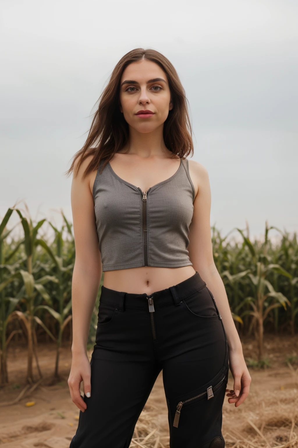 A stunning intricate full color portrait of a woman,wearing ((very low rise cutoffs)), ((hip huggers)), small cutoff T-shirt, having fun, epic character composition ,sharp focus, natural lighting, subsurface scattering, f2, 35mm, film grain, corn field in background, ((wide mouth)) and full lips, ((large eyebrows)), angular jaw, boots over pants, dark brown hair,, pursed lips, ((pants unzipped))