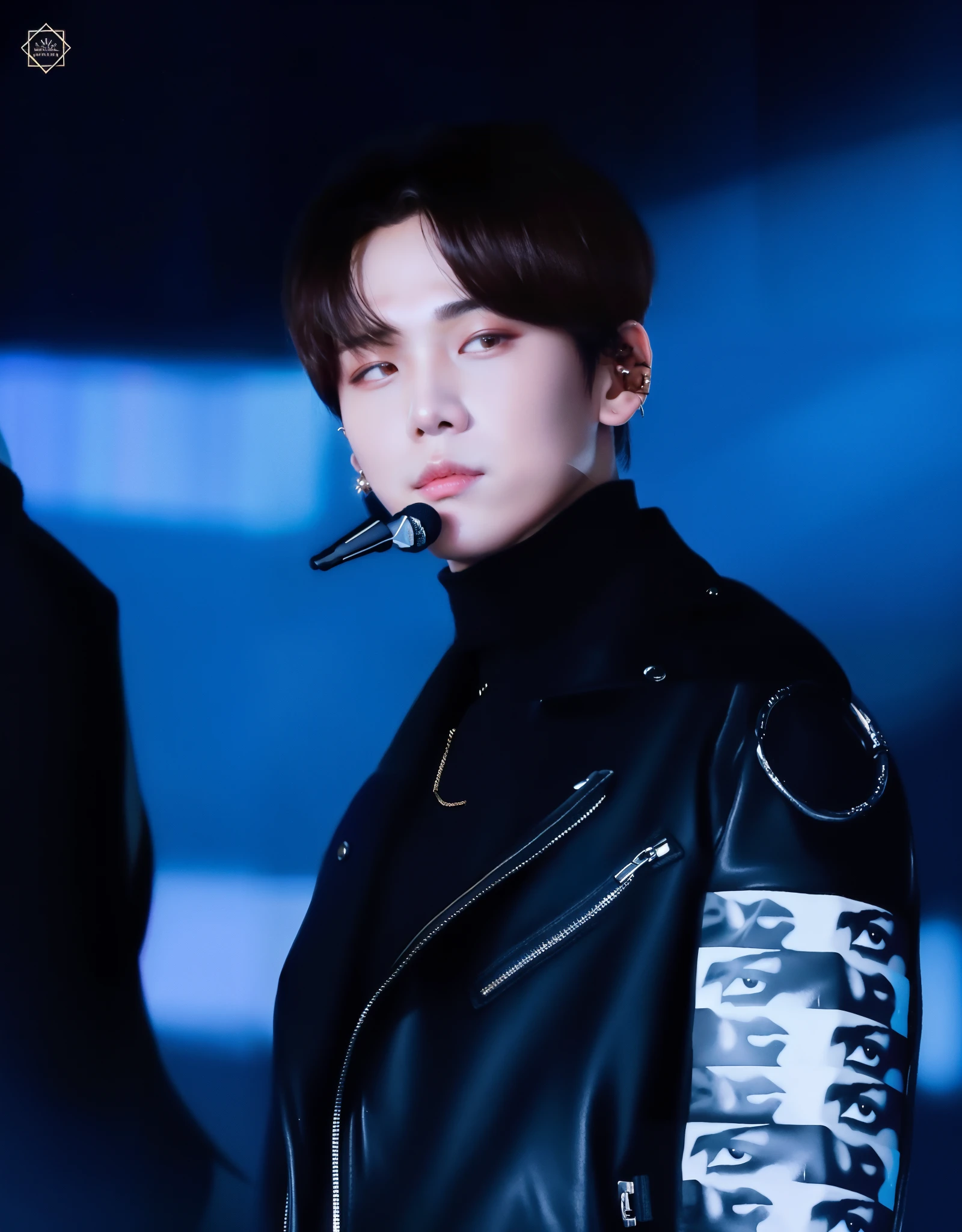 a close up of a person wearing a black jacket and a microphone, kim doyoung, jungkook, park jimin, black haired yoongi, jimin, jimin\'s right eyelid swollen, jimin\'s plump lips, mischievous look, he is wearing a black trenchcoat, innocent look, jinyoung shin aesthetic, jimin\'s grecian nose, hyung tae