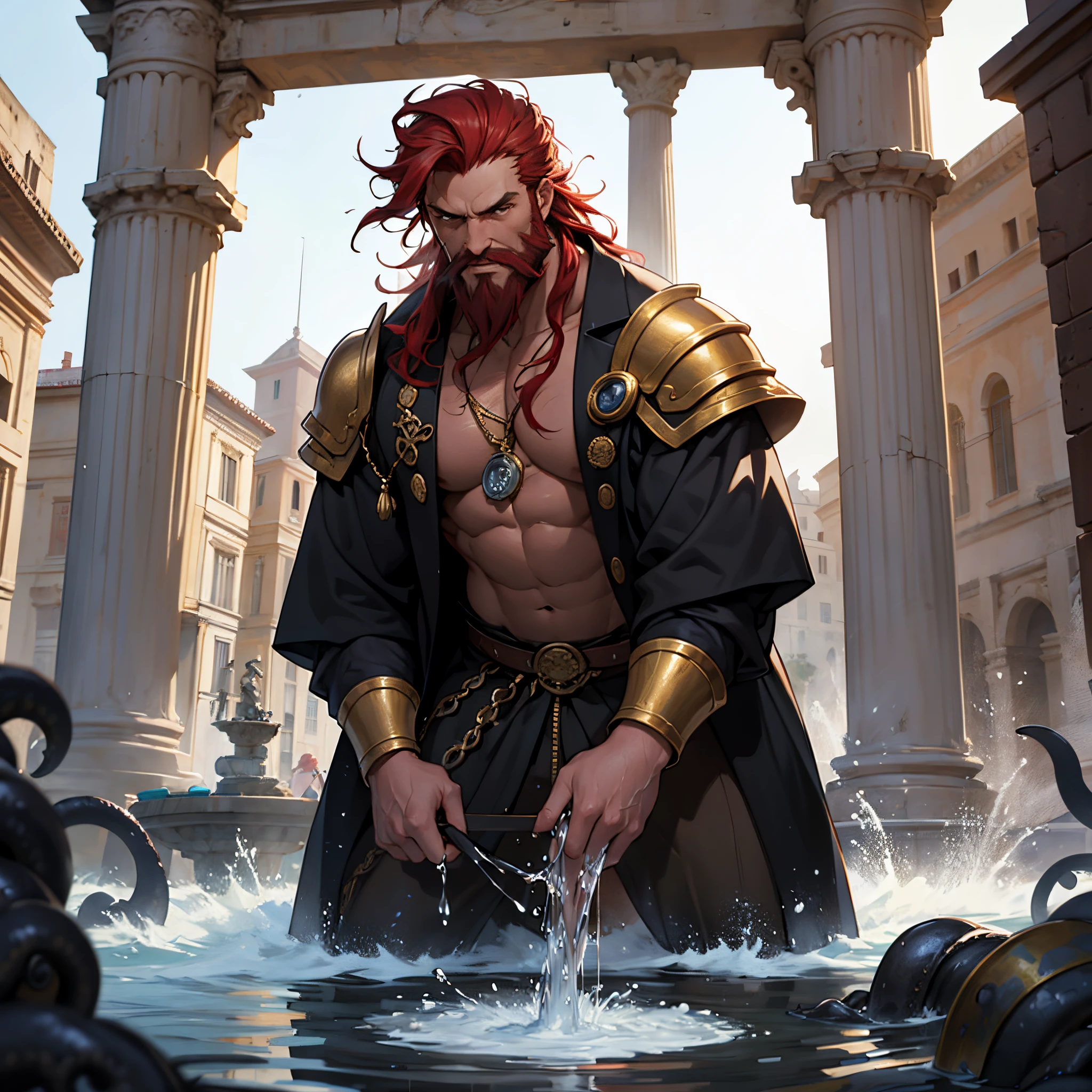 masterpiece, Best Quality, 4k, Background with:in front of ancient rome fountain, A large, red-haired middle-aged pirate with a long beard., golden armor and black clothes, Background with: Kraken destroys ancient Rome, In front of the fountain, Sharp impression, waterdrops, tentacles