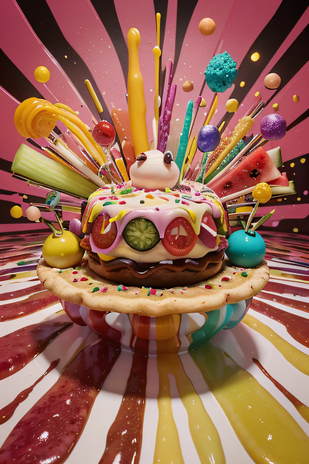 Absurd, ultra-detailed,Create a concept image that visually captures the essence of a surreal culinary experience, blending bizarre and hilarious flavor combinations into a mind-bending feast for the eyes. Imagine a world where unexpected ingredients like chocolate-covered pickles, bubblegum spaghetti, and watermelon pizza come together in a riot of colors and shapes. Let your creativity run wild as you craft a visually striking and whimsical scene that defies culinary norms and tickles the imagination. The goal is to evoke both laughter and awe, turning the absurdity of these flavor pairings into a captivating and unforgettable visual feast.