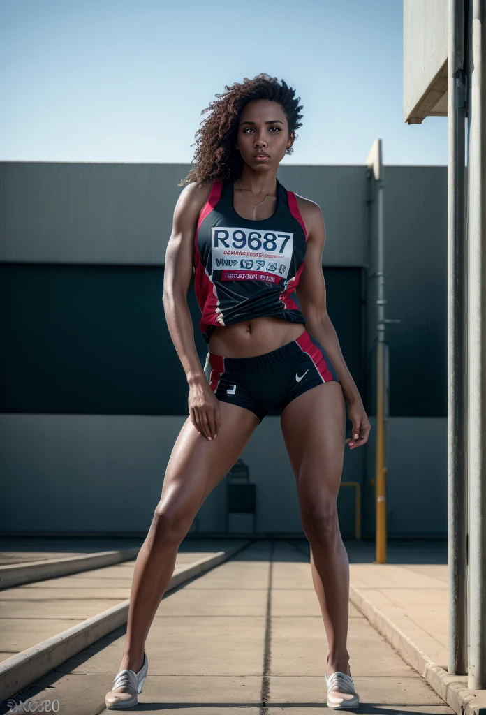 8k, RAW photo, one person on the photo, best quality, ultra high res, photorealistic, realistic photo of ebony girl, (skinny ebony), (fitness model), 18 years old, on the running track, wearing running gear, white sportswear, beautiful, detailed face, detailed, highres, realistic, photorealistic, head to toe, looking at viewer, smooth skin, (extremely detailed CG unity 8k wallpaper), photo of the most beautiful artwork in the world, professional majestic (photography by Steve McCurry), 8k uhd, dslr, bright lighting, high quality, film grain, Fujifilm XT3 sharp focus, f 5.6, High Detail, Sharp focus, dramatic, (natural bright light)