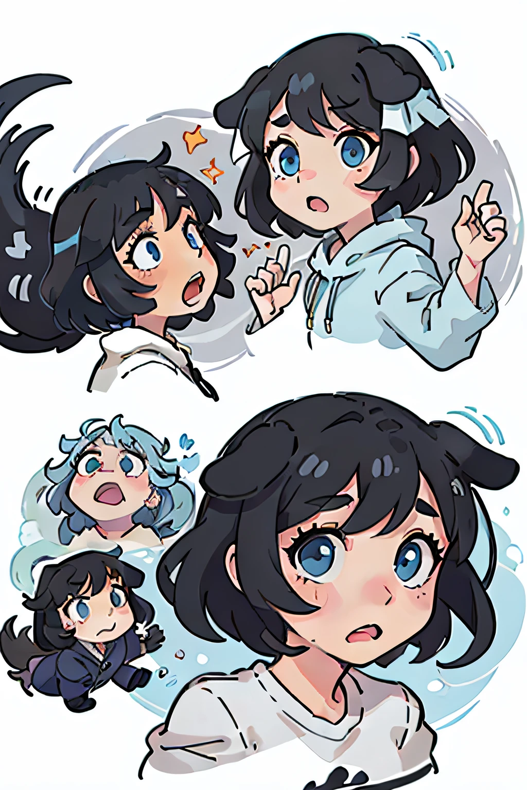 Cute puppy,black color hair,Black dog ears,Light blue eyes,Various expressions,is shocked,astonishment,surprise,expression,adorable eyes,White BE, illustration-nii 5-style cute, emoji as illustration set, with boold manga line style,
dynamic pose dark white,,f/64 groups,related characters,Old
Meme Kernel