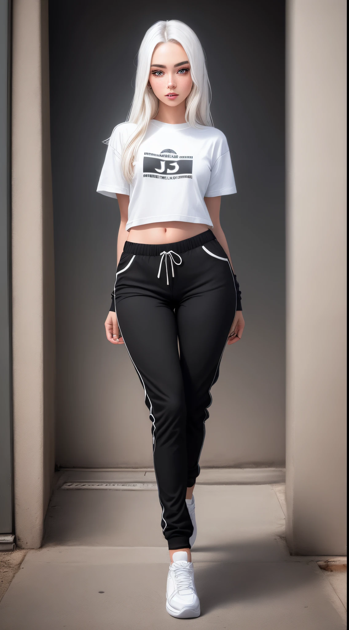 1girl called Sarah with long blonde white hair, colored flowing hair, long hairstyle, perfect detailed face, detailed symmetric green eyes with circular iris, beautiful, walking and posing, look at observer, 19 year old girl, looks like Madison Beer, extremely detailed face, model, realistic, real life, perfect photo realistic picture, realistic, curvy body, hourglass figure, stunning realistic photograph, detailed fingers, detailed realistic face, nice fingers, real human nails, extremely attractive girl, perfect detailed tanned skin, small eyes, perfect detailed face with realistic complexion and skin with small pores, small nose, photo-model, perfect posture, natural limbs, (((long legs))), detailed symmetrical eyeballs, symmetrical eyes, realistic eyeballs, realistic detailed eyes, cute plump closed lips, makeup,freckles, blush, no long neck, no long waist, ideal proportional body, seductive gaze, looking in the direction of the viewer, captivating facial features, tall, two arms, two legs, one head, tiny breasts, realistic natural bodies, realistic shadows, mystical lighting, 8K, UHD, ((body facing the viewer, showing to camera)),
“wide angle”, full-body shot, full pose, (photo studio white background), little seduce, cinematics light, Centered hipereallistic cover photo, awesome full color, cinematic, neoprene, behance contest winner, portrait featured on unsplash, stylized digital art, smooth, ultra high definition, wearing a white oversize t shirt and black joggers pants Acronym J36-S (t shirt only white color), black and white sneakers, instagram model, 80mm, urban streetwear, Realistic, round ass, realhands