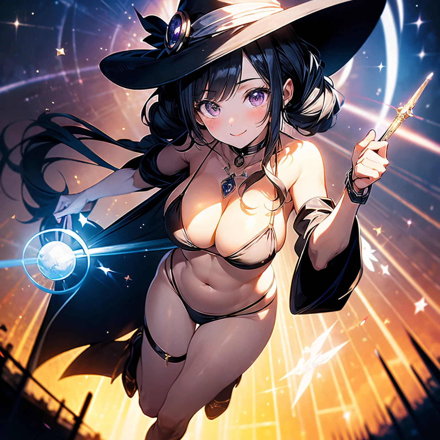 (8k, Best Quality, ultra-detailliert, Professional lighting), 1girl, (Beautiful girl: 1.3), tareme, droopy eyes, large breasts, plump, black bikini, witch hat, cloak, ring with gems, high-heels, knee sox, purple long hair, twintails, volumey straight hair, bangs, simple black background, (magic circle), light particles, magical wand, spell casting, chanting magic, from above, smile, stretching, legs apart