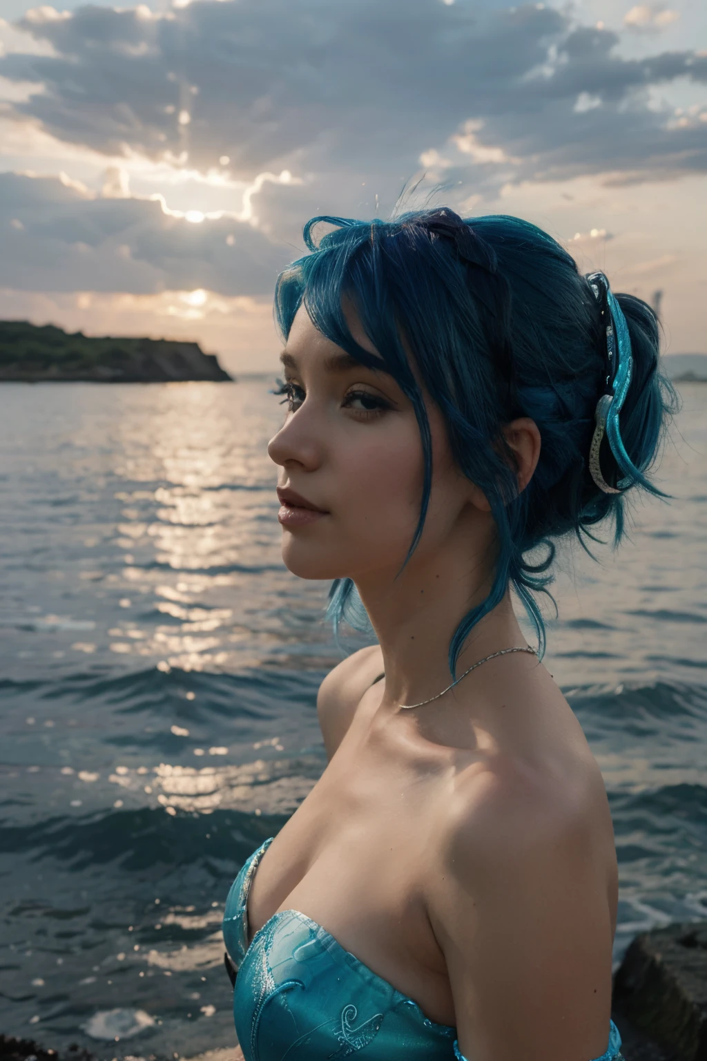 a woman with blue hair and a choke neck top, a pastel by John Luke, tumblr, realism, light blue hair, beautiful blue haired girl, sky blue hair, pretty girl with blue hair, with long turquoise hair, messy blue hair, sky blue straight hair, very long wavy azure blue hair, straight sky blue hair, long azure blue hair, long cyan hair