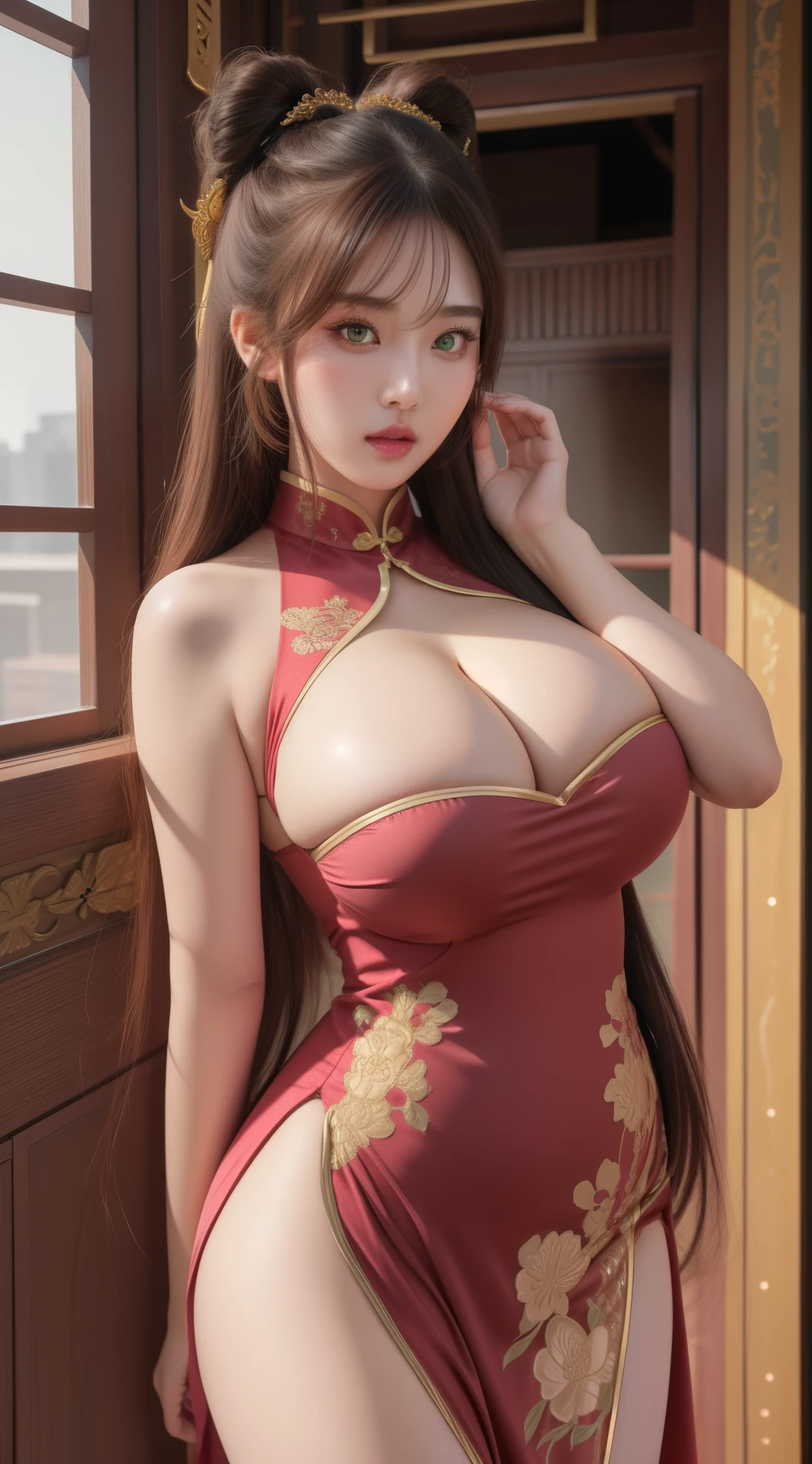 An Idol k-pop girl, (cute face:1), (lewd face:1), braid hair, intricate face details, detailed face, golden ratio face, ((huge breasts:1)), ((large breasts:1)), ((giant breasts:1)), ((big breasts:1)), ((slim waist:1)), ((big butt:1)), ((big hip:1)), ((big thighs:1)), ((thick thighs:1)), ((intricate hands:1)), ((detailled hands:1)), ((intricate feets:1)), ((detailled feets:1)), (polished skin:1,9), (sweaty:1,9), (thicc:1), (erotic:1), (perverted:1), (she is sexually aroused:1), (full body:1), (look at viewer:1), 64K, UHD, HDR, global illumination, (high quality, high detailed, hyper detailed, extremely detailed), photo realistic, ultra realistic, art photo, (clarify the details, detailed parts body), intricate artwork masterpiece, trending on artstation, (horny face:1), (dark green eyes:1,9), (light pink lips:1,9), tight clothes, standing, china window, china wall, red china dress