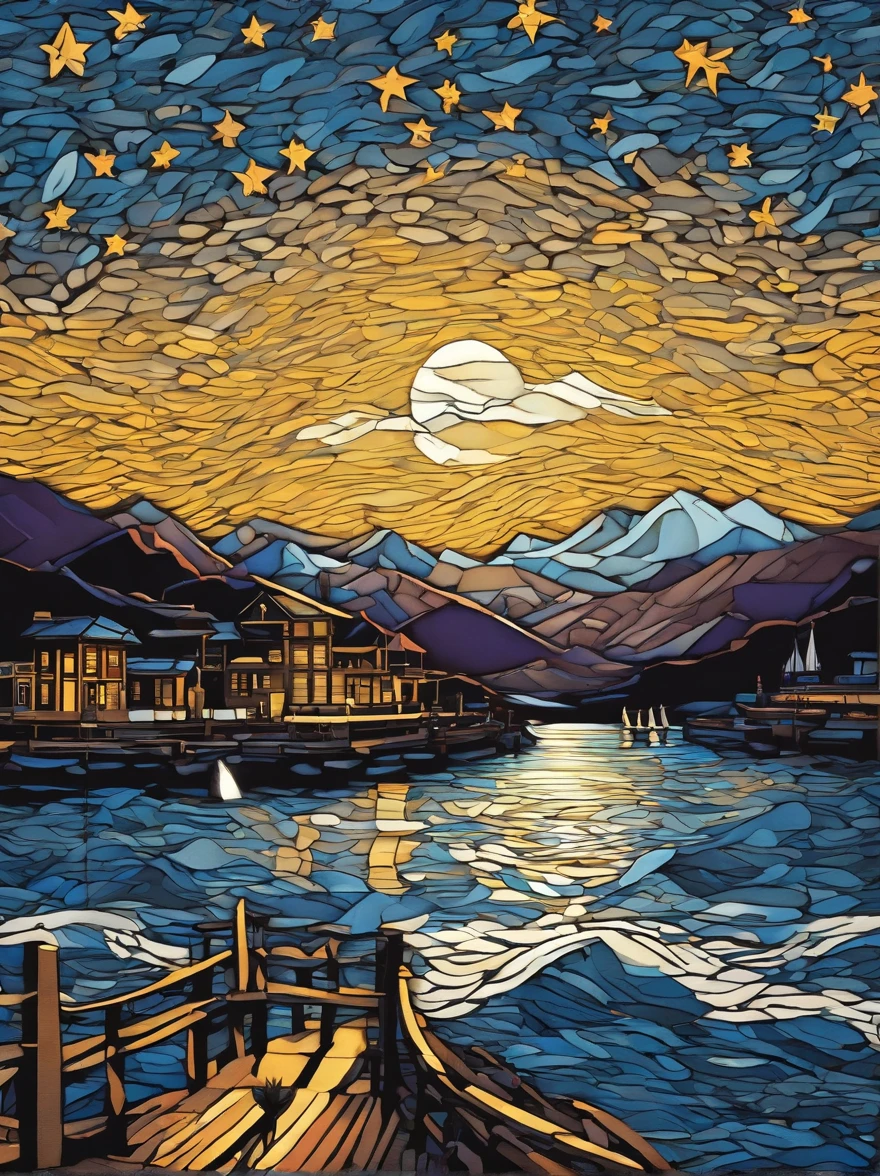 Van Gogh‘s painting style, Hong Kong Victoria Harbor night view, Star night, Color Field painting, Impressionism, chiaroscuro, vanishing point, wide shot, Ultra-Wide Angle, 8k, super detail, ccurate, best quality, masterpiece, best quality