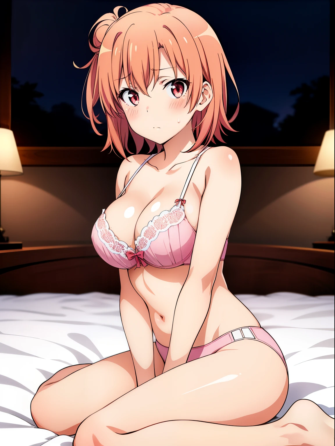 ((masutepiece, Best Quality, hight resolution, nffsw, Perfect Pixel, depth of fields, 4K, nffsw, nffsw))),
1girl in, Single, Solo, Beautiful anime girl, Beautiful Art Style, Anime Character,
Yuigahama Yui,
large boob,
Short hair,
(Pink bra), on the beds, Sweat,
wariza, blush, Shy, hands between legs,
Focus, from side, looking at viewer,
Night, Bedroom, (darkness, Shadow),