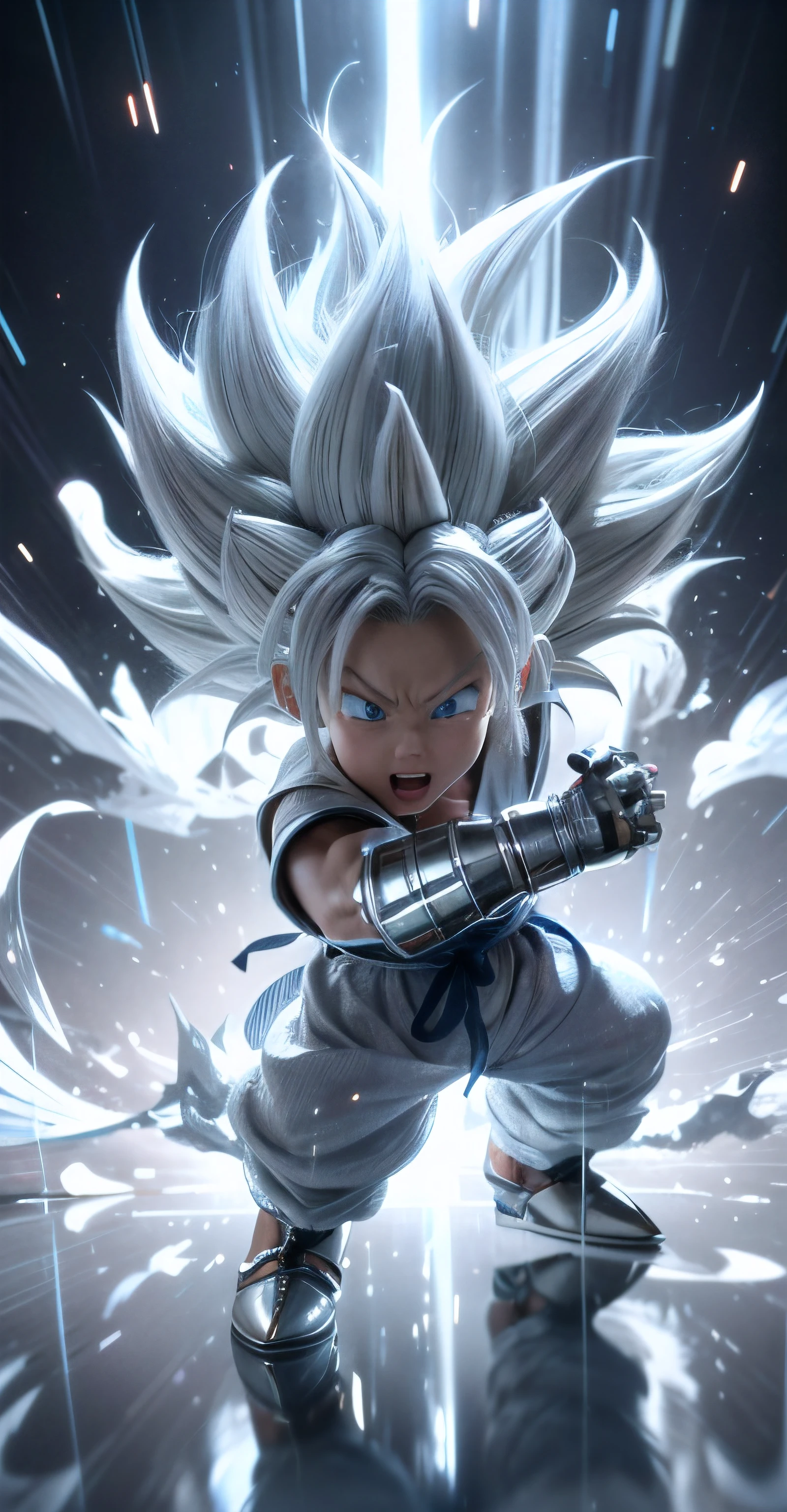 Epic attack movie kami hami dragon ball super 2 close up shot of coco jr. With Super Saiyan 3 Ultra Instinct Silver hair, Piercing fresh blue eyes carefully detailed features, The light of lightning and thunder radiated excitement , Ultra instinct, Covered in full silver armor, Sliver Ice Color Reflected Shield, 4 k manga wallpaper, Super Saiyan 3 Silver, Glowing with silver light, Detailed artwork for cinema films, Detailed background of anime digital cinema art, Super Saiyan 3 has long silver hair that covers his entire body , anime wallpaper 4k, anime wallpaper 4 k,bright, high-resolution, Realistic image of the Earth, Picture of Coco being attacked, He holds a glowing ball in his hands, Bright blue lightning, Chinese