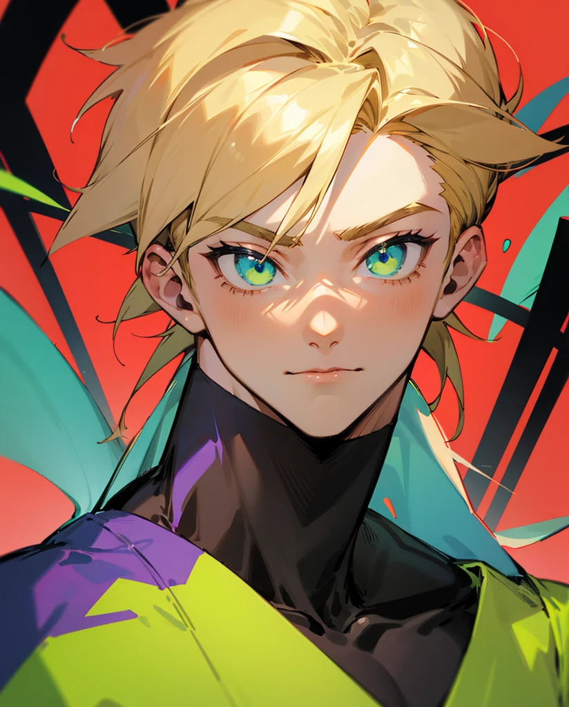 Portrait Anime hunk teen boy with Blonde hair and bright green eyes with 90s aesthetics