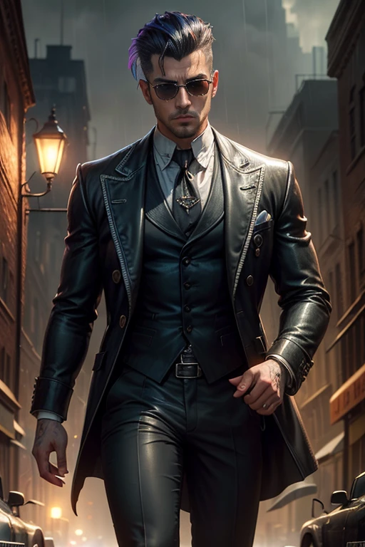 ((Young handsome courageous man)) ((detective)) ,sunglasses, Cyberpunk art, funk art, Stunning gradient colors, Stylized portrait H 704, Pompadour, Twitch streamer, cool colors. insanely detailed, t-800, NO WATERMARK, Rich color, overtakingAt night in Victorian London.,epic lighting,Cinmatic Lighting,hight resolution,(Detailed image:1),Crazy details,(higly detailed:1.2),Mafia in the 1920s, Realistic oil painting style, heavy fog and rain,(( A dilapidated city)), Street lamps, detective novel style, Mafia style, mysterious, deep, Dark, Fantasy