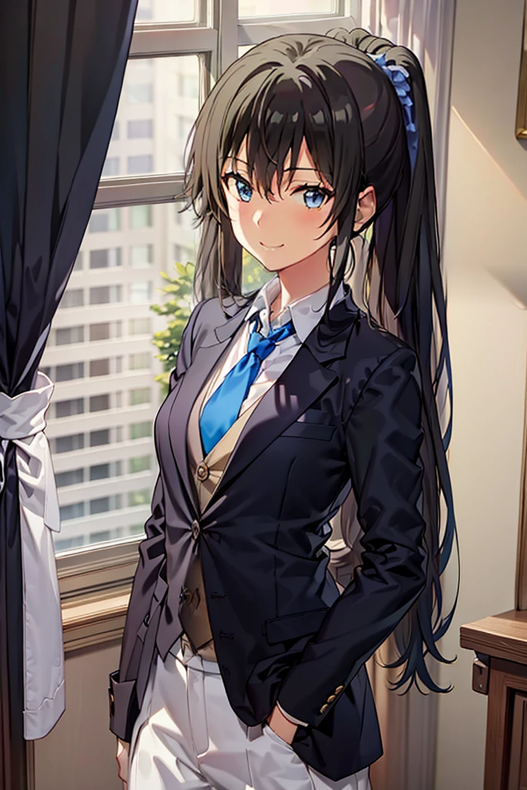 Yukinoshita Yukino wears a tuxedo coat, 1girl, Snafu anime, Female Butler, Elegant blue evening tie, collared shirt, bloomers, Black tail coat, Detailed background of the room, eyes blue, closed mouth, Smileing, Very sexy girl in suit and tie standing by the window, 1girl, 独奏, necktie, Black hair, eyes blue, long hair, smile, jacket, looking at the scenes, shirt, bloomers, blue necktie, collared shirt, white pants, white shirt, indoors, explosions, long-sleeved, closed mouth, window, black jacket, blush, cowboy shot, ceremonial, Yukinoshita Yukino suit, A woman in a black suit and blue tie is standing next to a windowsill, 1girl, 独奏, necktie, eyes blue, jacket, indoors, Black hair, smile, shirt, ponytail, bloomers, looking at the scenes, collared shirt, curtains, blue necktie, hand in pocket, window, black jacket, closed mouth, blush, ahoge, open vest, black trousers, explosions, white shirt, ceremonial, long hair, suit, long-sleeved, Open clothes Yukinoshita Yukino, A woman in a black suit and blue tie is standing next to a windowsill, 1girl, 独奏, necktie, eyes blue, jacket, indoors, Black hair, smile, shirt, ponytail, bloomers, looking at the scenes, collared shirt, curtains, blue necktie, hand in pocket, window, black jacket, closed mouth, blush, ahoge, open vest, black trousers, explosions, white shirt, ceremonial, long hair, suit, long-sleeved, A uniformed open-dress lady stands in a large gap in the room, 1girl, 独奏, necktie, Black hair, eyes blue, long hair, smile, jacket, looking at the scenes, shirt, bloomers, blue necktie, collared shirt, white pants,