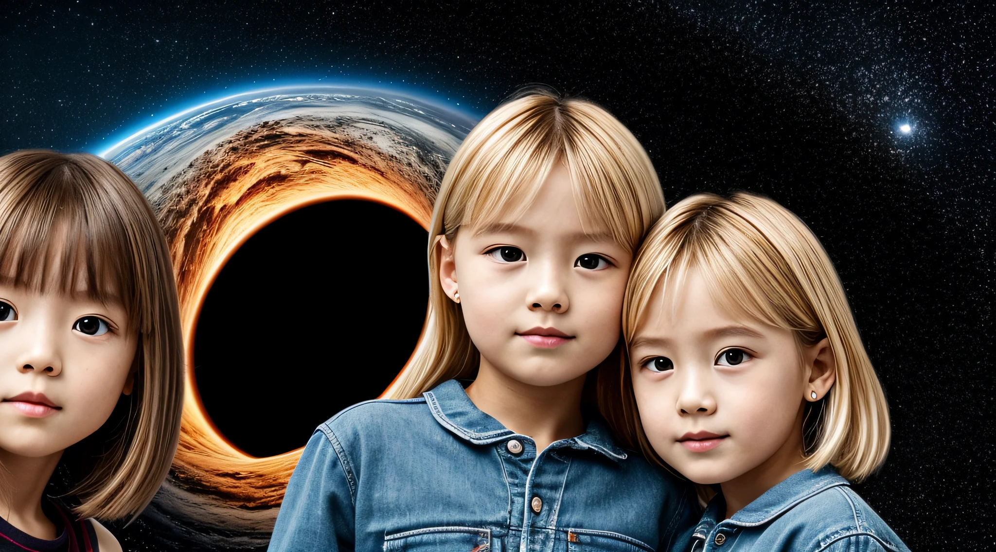 BLACK HOLE, there are two CHILDREN girls BLONDE HAIR in front