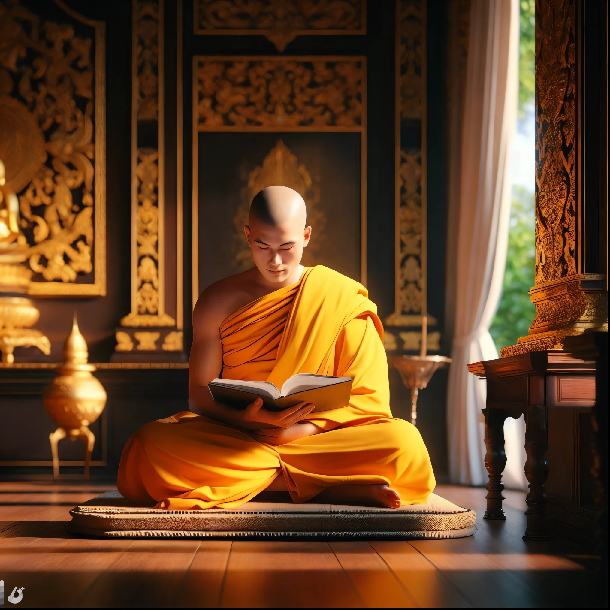 arafed monk reading a book in a room with a golden wall, monk meditate, buddhist monk meditating, buddhist monk, buddhist, buddhism, tithi luadthong, monk, 2 1 st century monk, samsara, on the path to enlightenment, on path to enlightenment, monk clothes, hindu stages of meditation, enlightenment. intricate, spiritual enlightenment, enlightenment