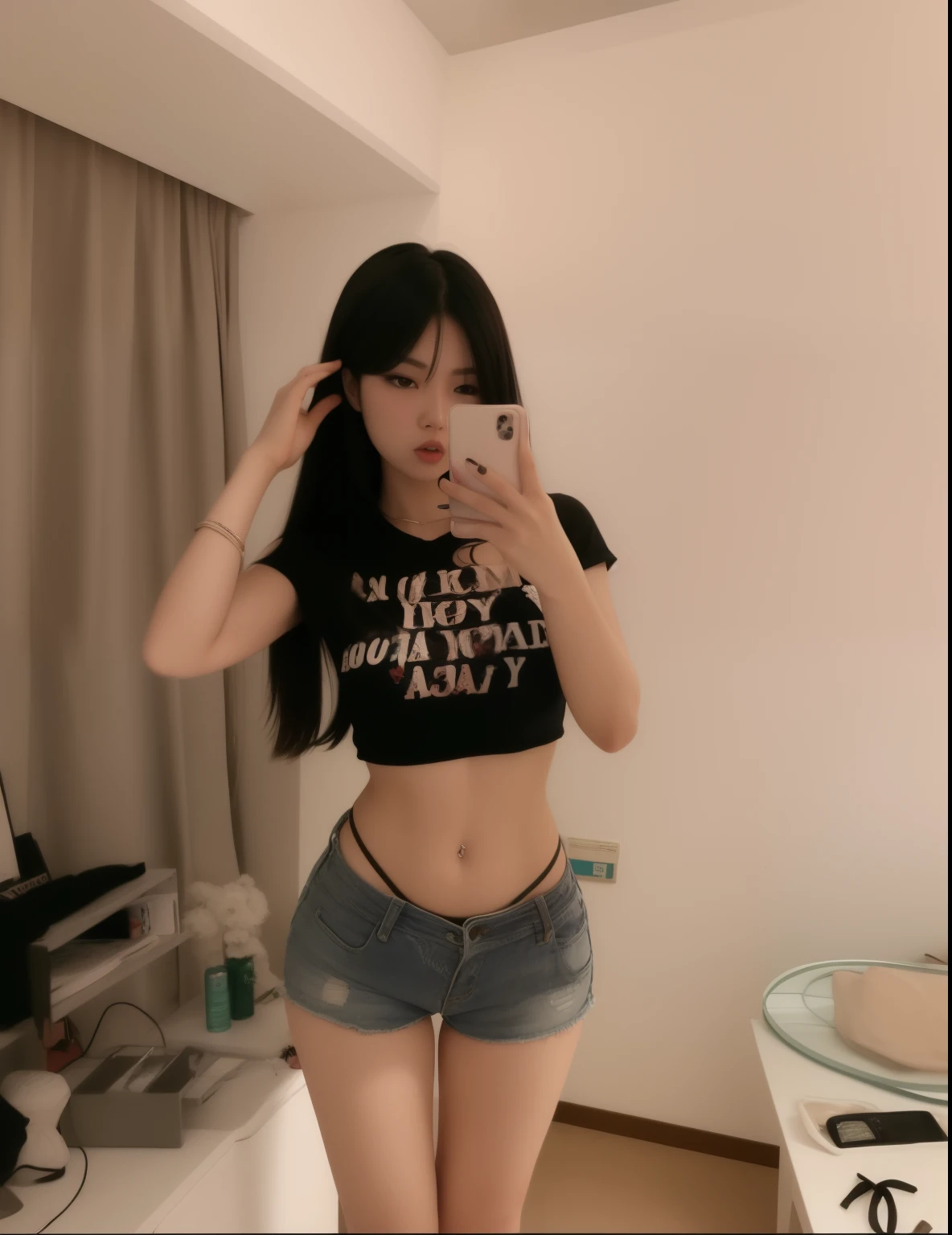 Angry Asian woman taking selfie in mirror, her navel exposed, big breasts thin waist, photo of slim girl, ripped cropped T-shirt, Thin waist and thick hips, big breasts thin waist, 2 4 year old female model, photo of slim girl model, gorgeous young korean woman, physical : smallest belly ever