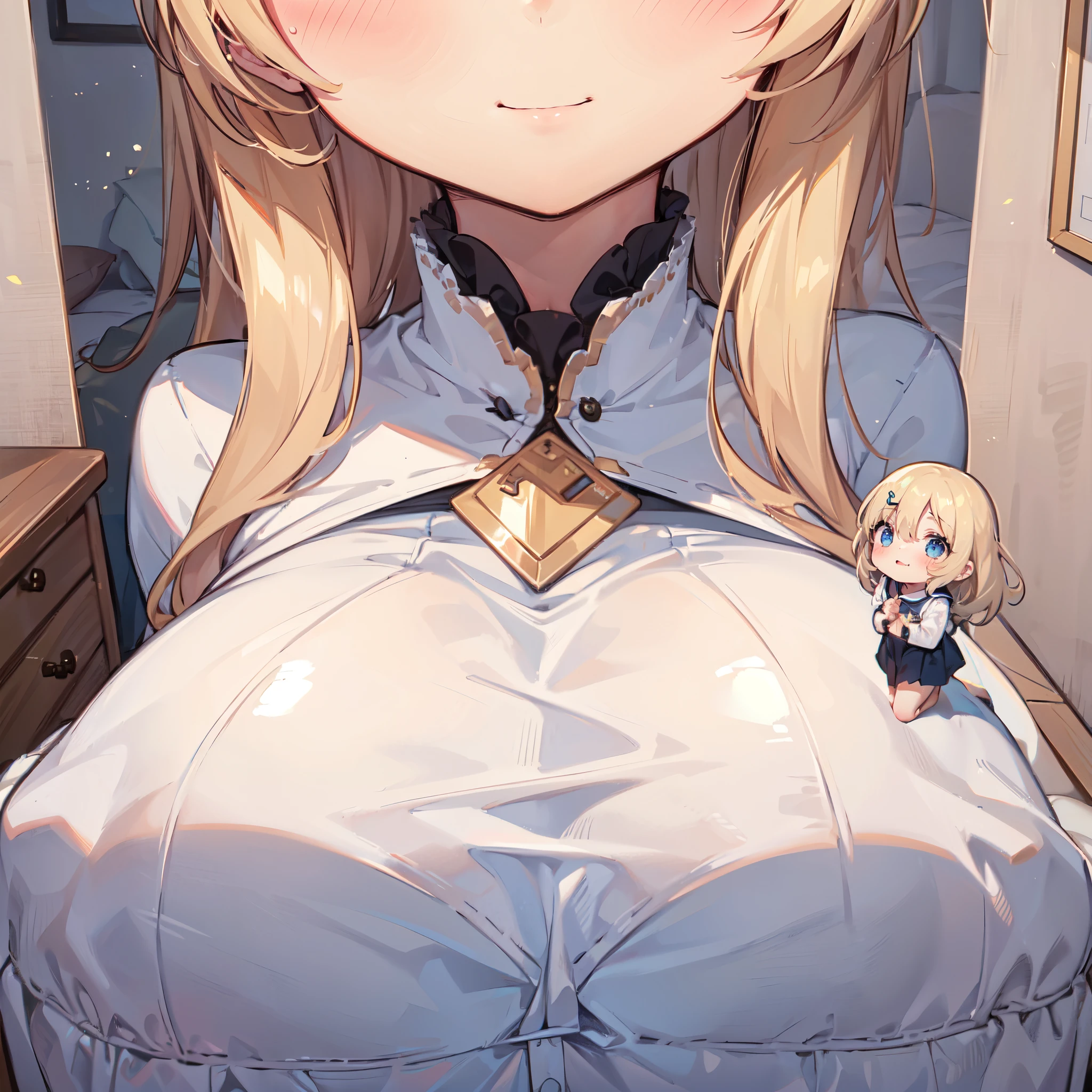 a minigirl on a bed in front of a giantess, a minigirl on a tiny bed in front of the breasts of a giantess, bedroom, wooden, blanket
huge (breasts:1.1), navel, tall,
AND a (tiny minigirl on a bed), bed, (rear end), (2girls:1.8), pajamas, (minigirl on a bed), (minigirl:1.1), shiny_skin, sweaty