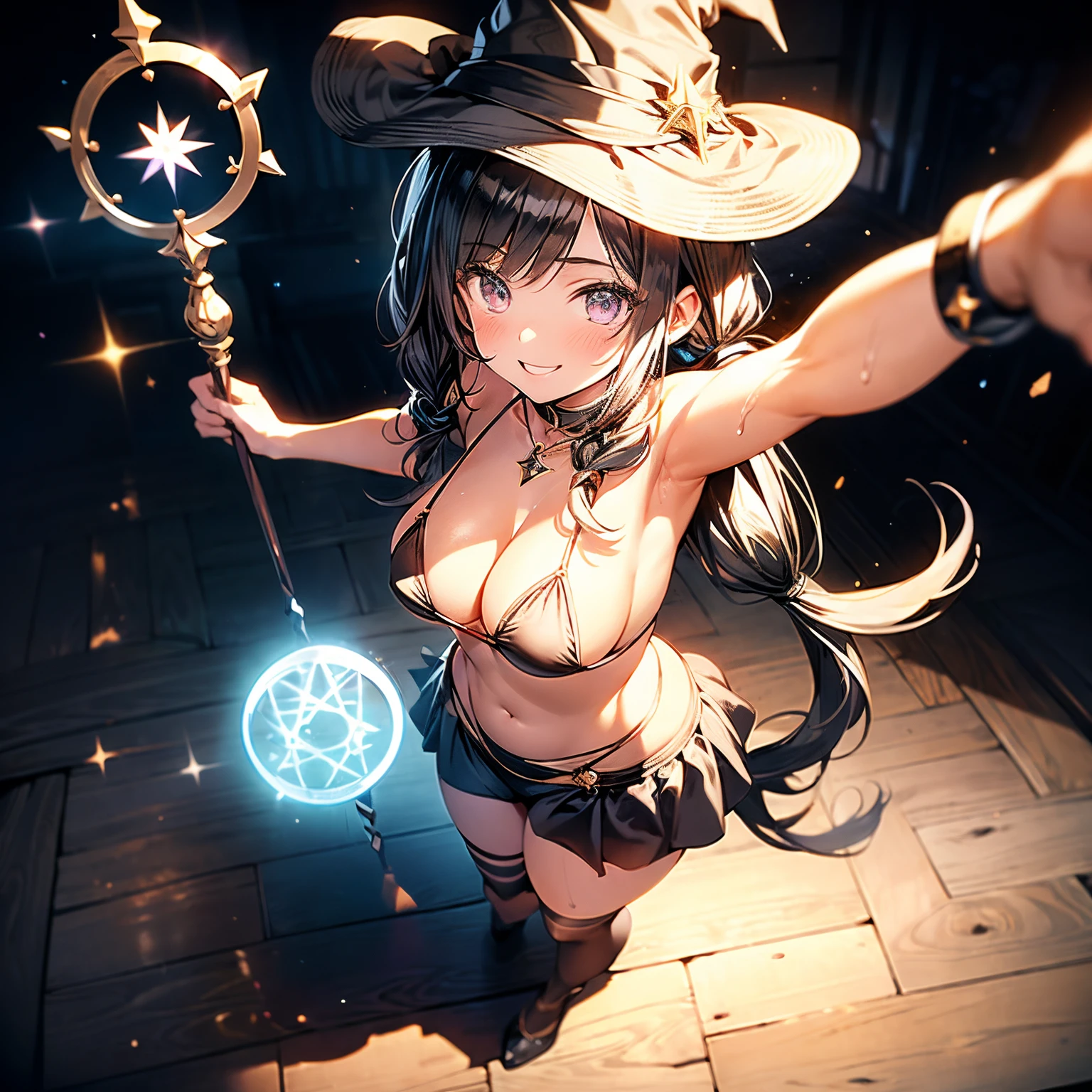 (8k, masterpiece, Best Quality, ultra-detailliert, Professional lighting), 1girl, (Beautiful girl: 1.3), tareme, droopy eyes, large breasts, plump, black bikini, witch hat, cloak, ring with gems, high-heels, knee sox, purple long hair, twintails, volumey straight hair, bangs, simple black background, (magic circle), light particles, magical wand, spell casting, chanting magic, from above, smile, stretching, legs apart