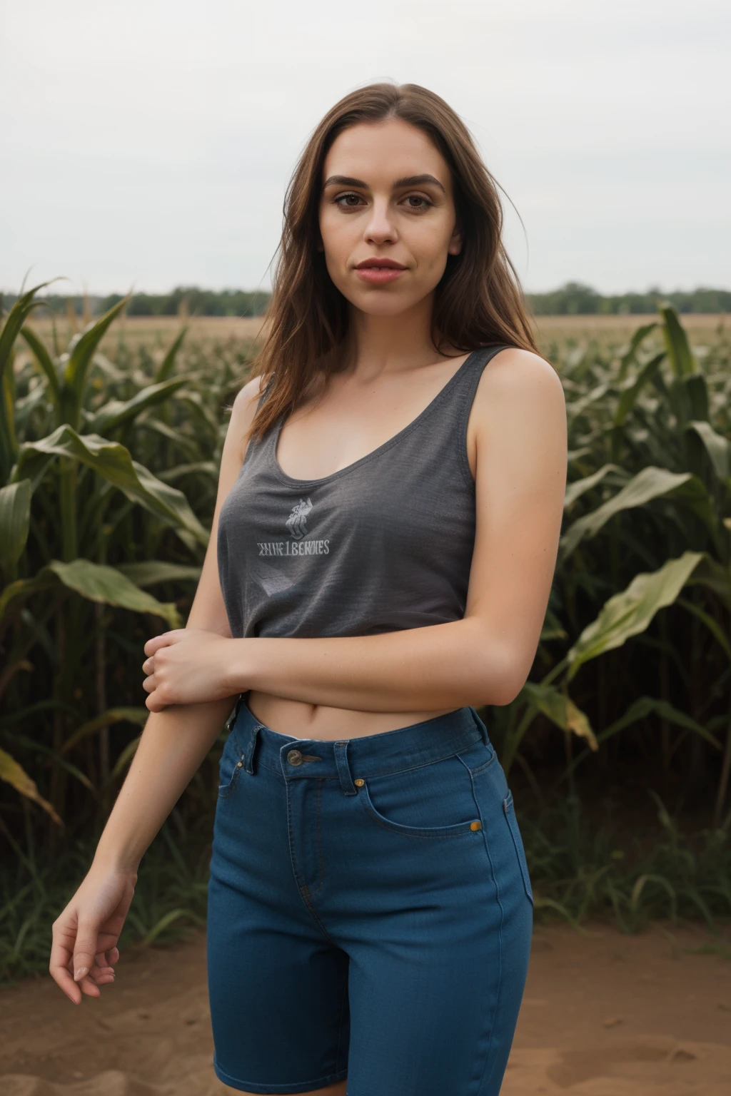 A stunning intricate full color portrait of a woman,wearing cutoff shorts, deep v T-shirt, having fun, epic character composition ,sharp focus, natural lighting, subsurface scattering, f2, 35mm, film grain, corn field in background, ((wide mouth)) and full lips, (large eyebrows), angular jaw, boots over pants, dark brown hair,, pursed lips,