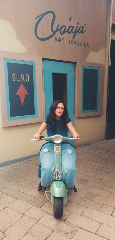 Arafi woman sitting on a scooter in front of a building, figura de cera, by Gina Pellón, Museu Photohot, in retro colors, visual vintage, by Amelia Peláez, Photo Session, foto retrato, atriz, Nos bastidores, ciclomotor, Chibi, divertindo-se, photo shoot, Directed by: Kathleen Scott