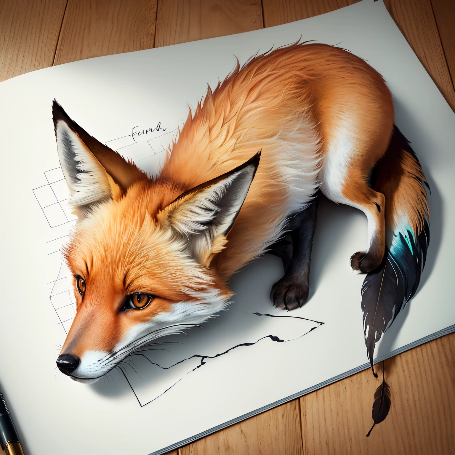 Fox, writer, feather, ink