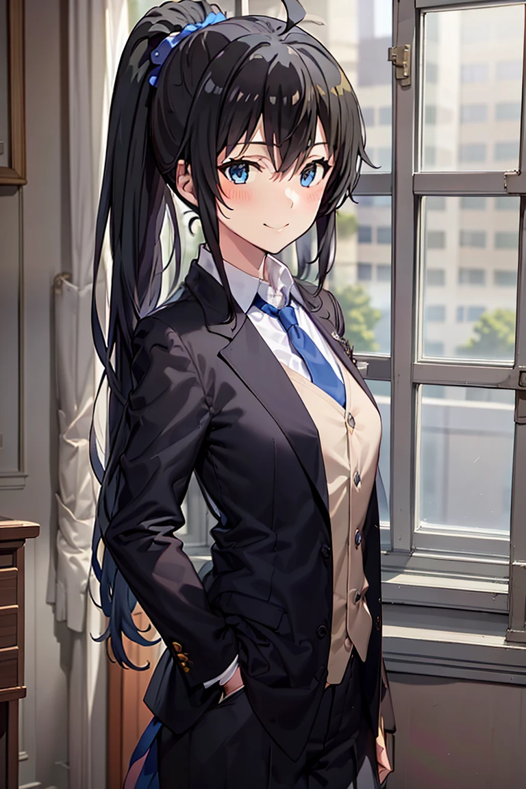 Yukinoshita Yukino wears a tuxedo coat, 1girl, Snafu anime, Female Butler, Elegant blue evening tie, collared shirt, bloomers, Black tail coat, Detailed background of the room, eyes blue, closed mouth, Smileing, Very sexy girl in suit and tie standing by the window, 1girl, 独奏, necktie, Black hair, eyes blue, long hair, smile, jacket, looking at the scenes, shirt, bloomers, blue necktie, collared shirt, white pants, white shirt, indoors, explosions, long-sleeved, closed mouth, window, black jacket, blush, cowboy shot, ceremonial, Yukinoshita Yukino suit, A woman in a black suit and blue tie is standing next to a windowsill, 1girl, 独奏, necktie, eyes blue, jacket, indoors, Black hair, smile, shirt, ponytail, bloomers, looking at the scenes, collared shirt, curtains, blue necktie, hand in pocket, window, black jacket, closed mouth, blush, ahoge, open vest, black trousers, explosions, white shirt, ceremonial, long hair, suit, long-sleeved, Open clothes Yukinoshita Yukino, A woman in a black suit and blue tie is standing next to a windowsill, 1girl, 独奏, necktie, eyes blue, jacket, indoors, Black hair, smile, shirt, ponytail, bloomers, looking at the scenes, collared shirt, curtains, blue necktie, hand in pocket, window, black jacket, closed mouth, blush, ahoge, open vest, black trousers, explosions, white shirt, ceremonial, long hair, suit, long-sleeved, A uniformed open-dress lady stands in a large gap in the room, 1girl, 独奏, necktie, Black hair, eyes blue, long hair, smile, jacket, looking at the scenes, shirt, bloomers, blue necktie, collared shirt, white pants,