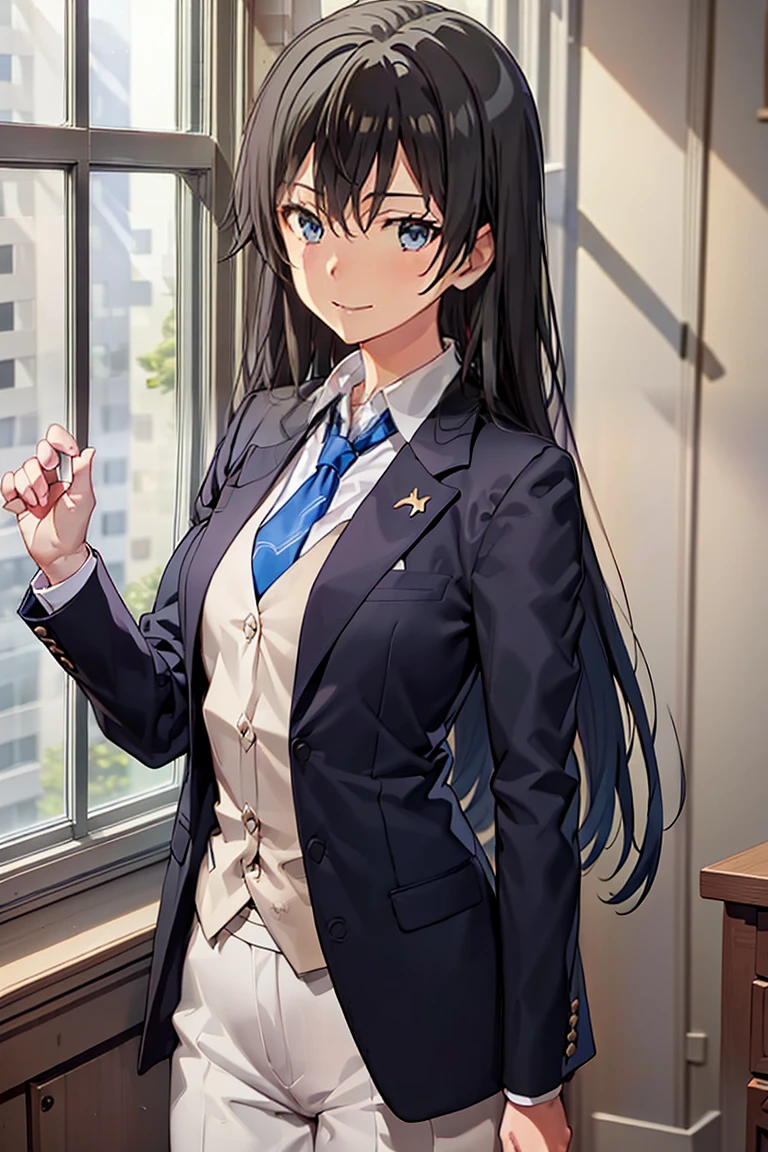 Yukinoshita Yukino wears a tuxedo coat, 1girl, Snafu anime, Female Butler, Elegant blue evening tie, collared shirt, bloomers, Black tail coat, Detailed background of the room, eyes blue, closed mouth, Smileing, Very sexy girl in suit and tie standing by the window, 1girl, 独奏, necktie, Black hair, eyes blue, long hair, smile, jacket, looking at the scenes, shirt, bloomers, blue necktie, collared shirt, white pants, white shirt, indoors, explosions, long-sleeved, closed mouth, window, black jacket, blush, cowboy shot, ceremonial, Yukinoshita Yukino suit, A woman in a black suit and blue tie is standing next to a windowsill, 1girl, 独奏, necktie, eyes blue, jacket, i