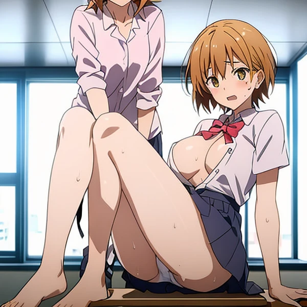 blushed、(Female 1、Erotic、Japan school uniform、sit with curled under、checked skirt、White panties that cut into your thighs、tits out、pigeon-toed)、short-hair、full body Esbian、feminine breasts、ligh brown hair、(masutepiece, Best Quality)、 Shiny skin、(1girll: nase, Naughty blush, Sweat flows)