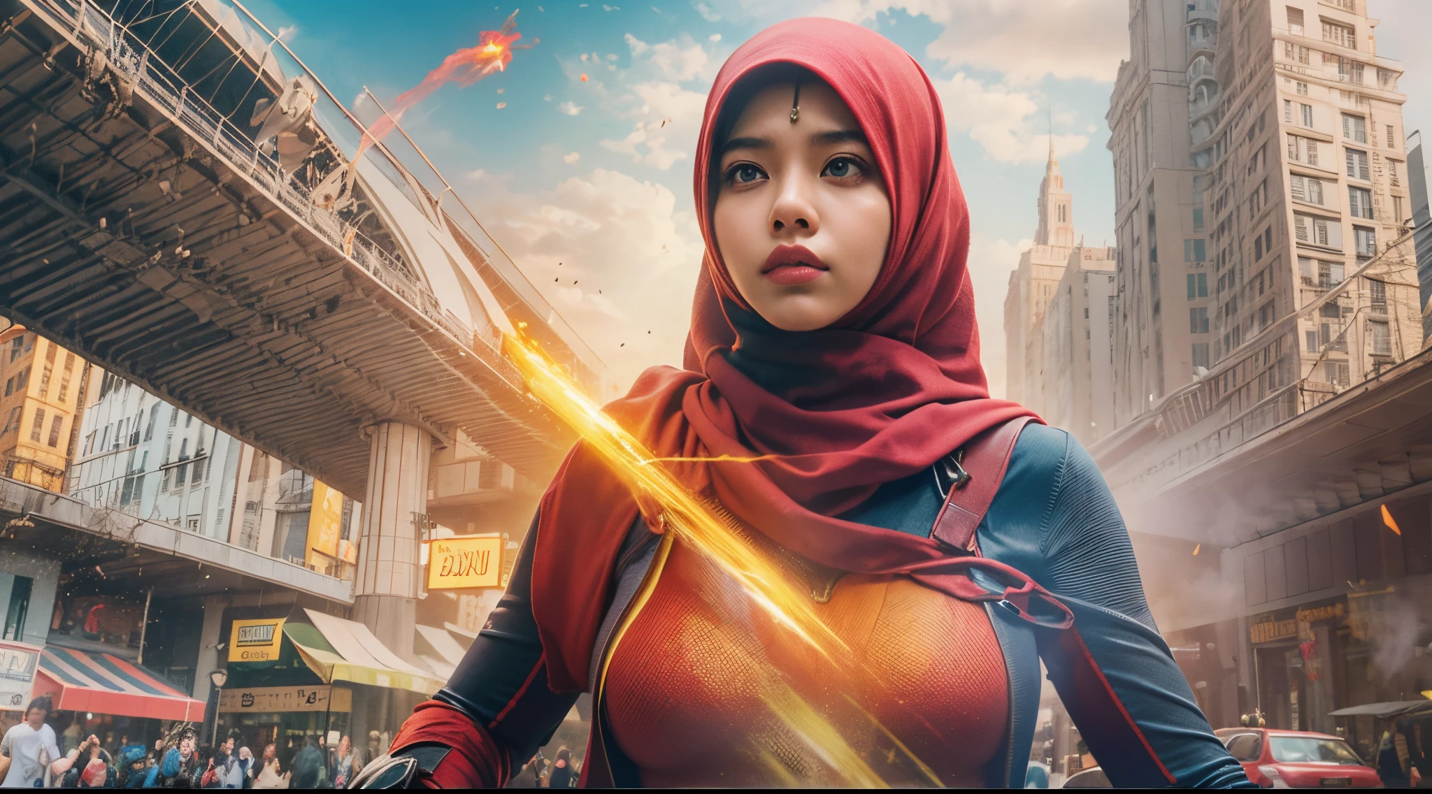 Create a dynamic and action-packed photomanipulation reminiscent of Marvel superhero movies. Feature the Malay girl in hijab showcasing her unique superpowers in a cityscape, surrounded by vivid colors and high-energy effects