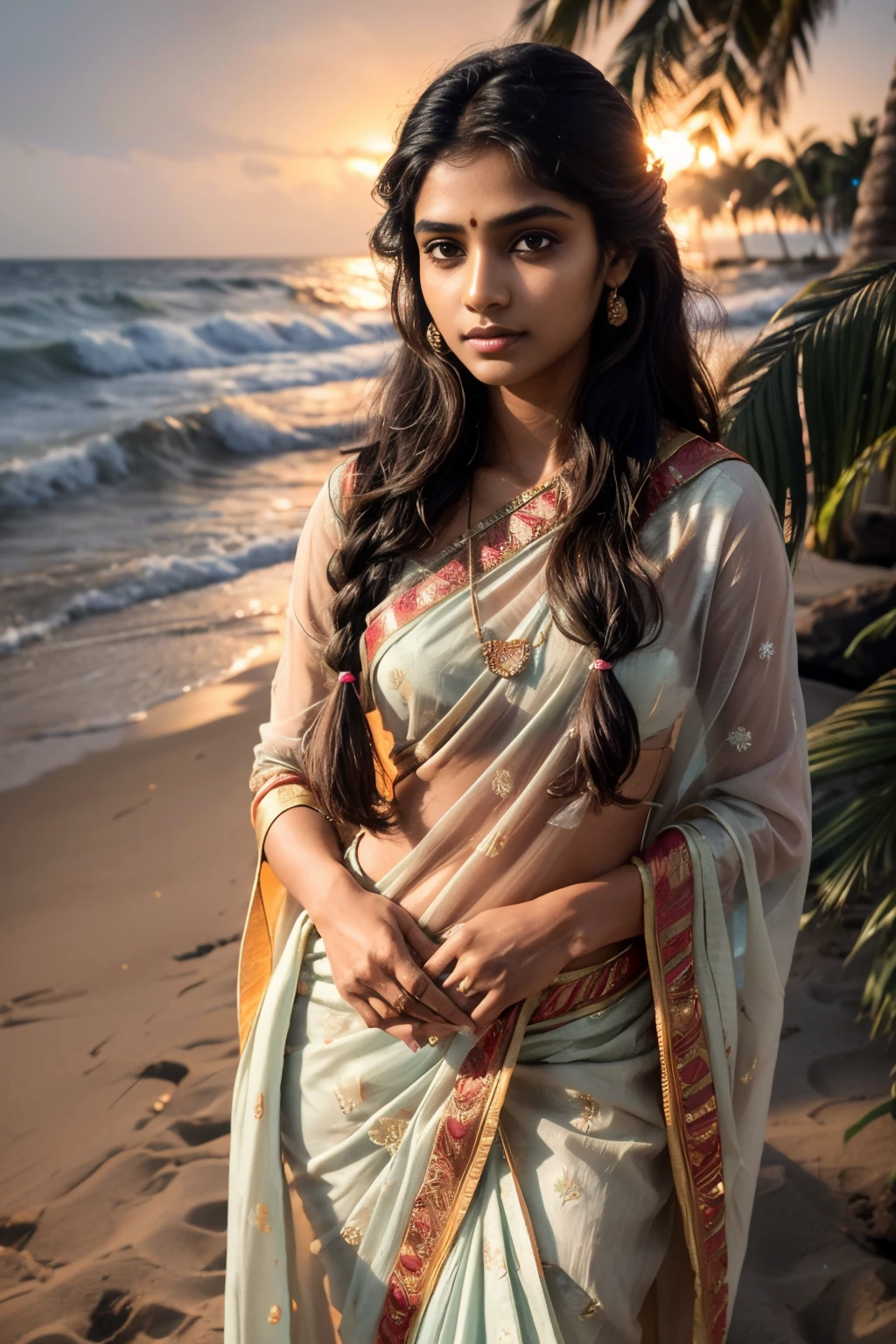 Very Indian Woman, portrait, 20 year old, teen age, blouse and saree, stylish, dusk and sunset, tropical ocean beach sand, coconut trees, royal, detailed body, detailed face, traditional, gorgeous, ultra realistic, charming, cute, long braided hair, ambient lighting, winter, detailed background, volumetric lighting, shadow, 8k