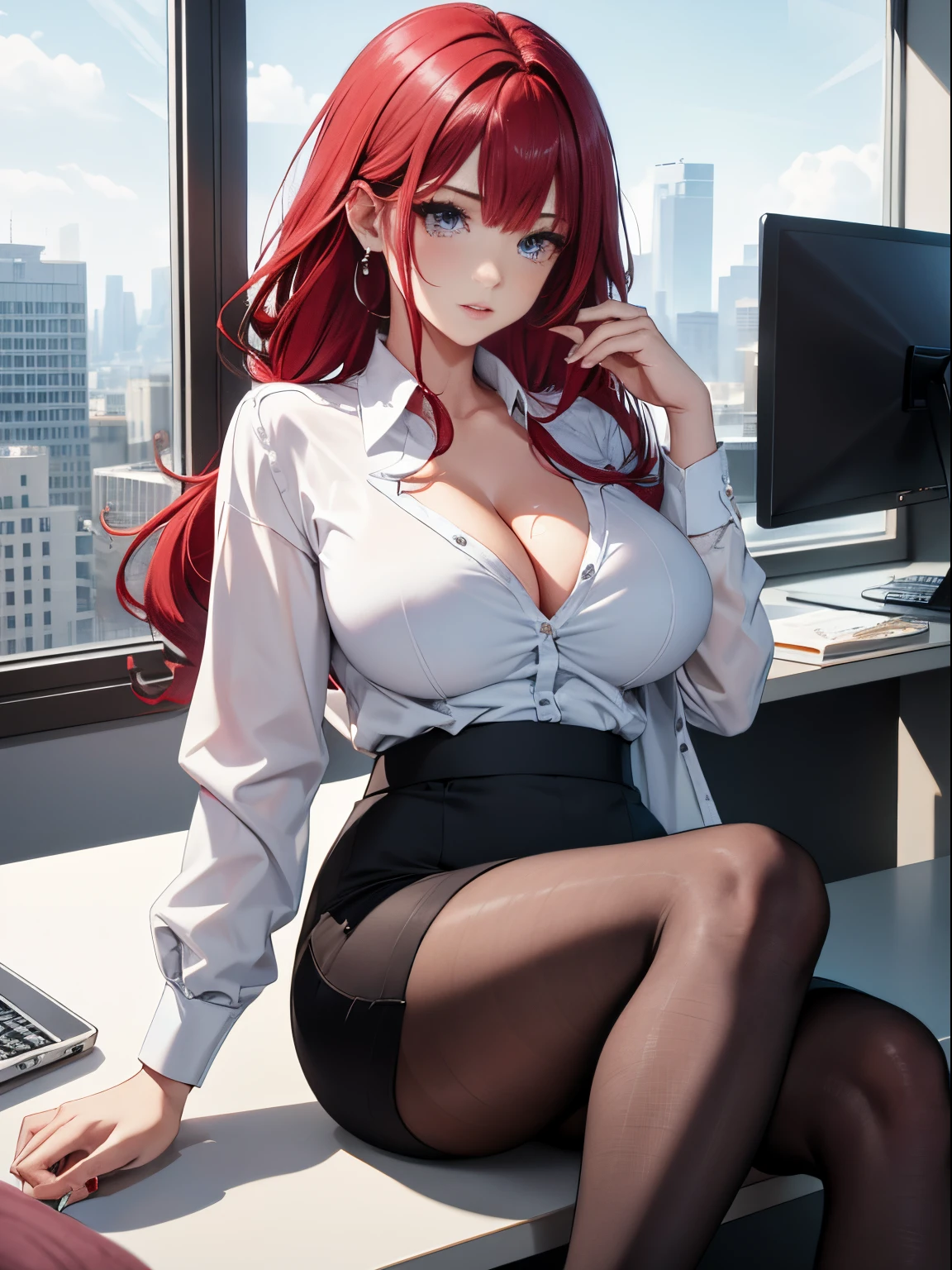 absurderes, 8K ,A high resolution, Ultra detailed, Beautiful, Masterpiece, Best quality, (Beautiful and delicate silver eyes), (1girll) ,A sexy beautiful young woman working as office OL (Office Lady),white button-down blouse，There is a collar,Black Slit Skirt,(Black pantyhose),Long legs ,Detailed legs,High heels,Side ponytail , bangs,full bodyesbian,Big breasts,cleavage,Red hair，