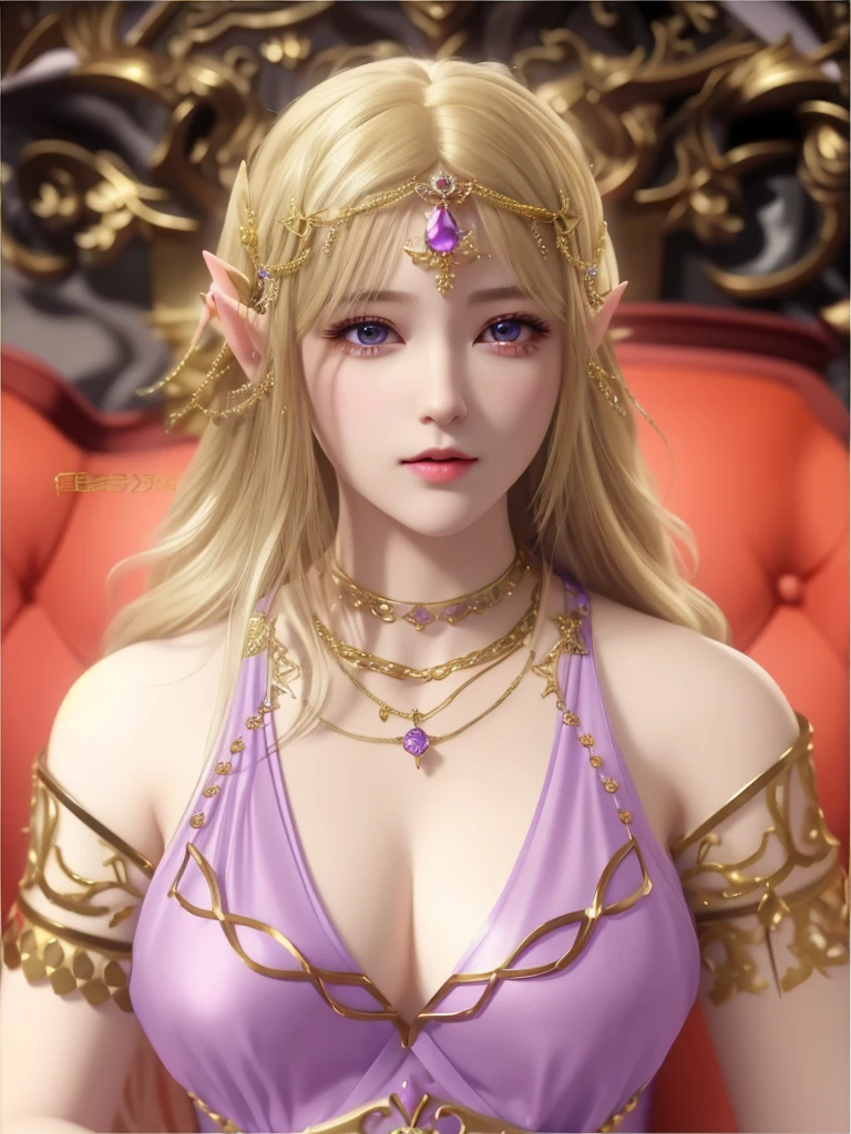 a close up of a woman in a purple dress with a gold chain around her neck, ((a beautiful fantasy empress)), a beautiful fantasy empress, 8k high quality detailed art, portrait of princess zelda, beautiful and elegant elf queen, princess zelda, portrait knights of zodiac girl, portrait of an elf queen, highly detailed exquisite fanart, hyperdetailed fantasy character