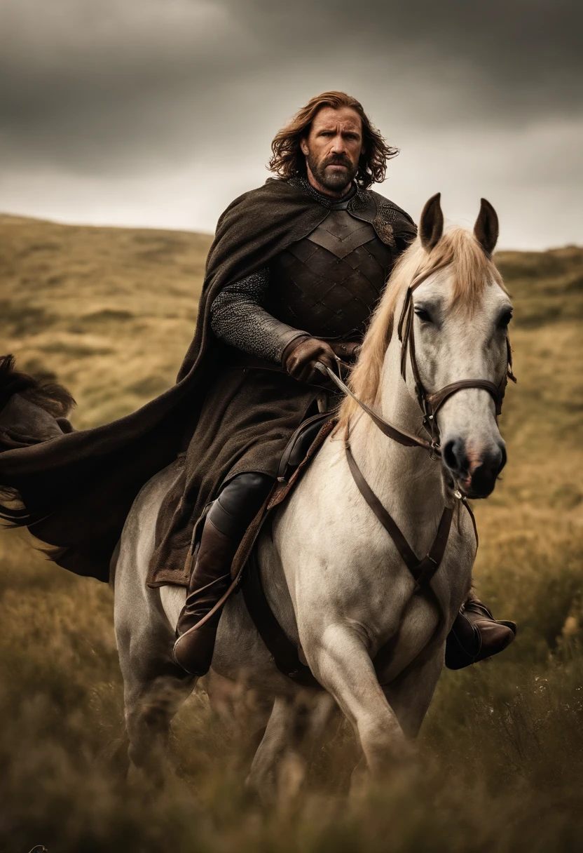 A photo of The Hound riding a horse through the countryside,Game of Thrones,The Hound from Game of Thrones
