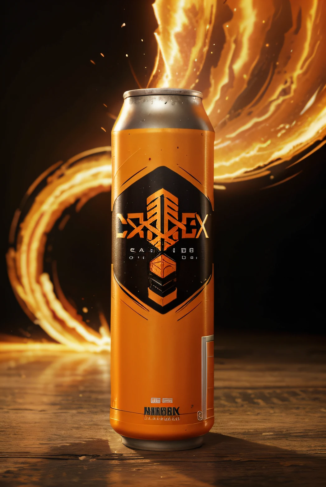 an image for an energy drink name CodeX, the design of the canned drink is orange