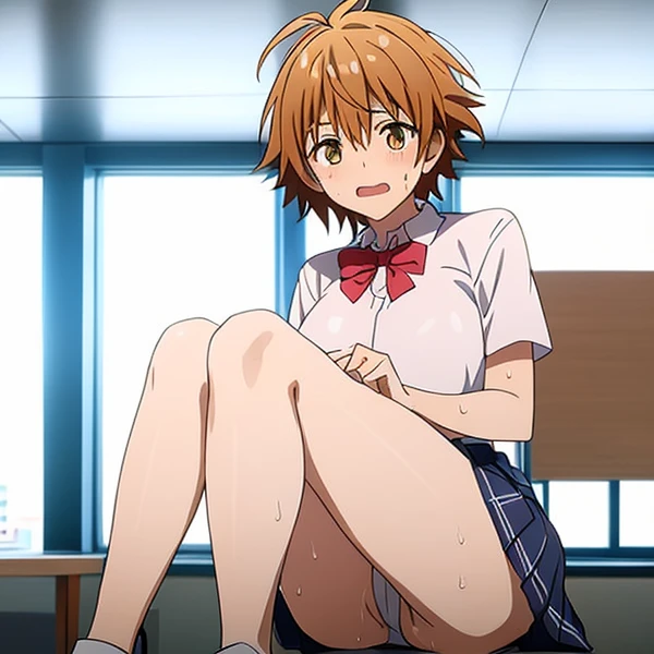 blushed、(Female 1、、Japan school uniform、sit with curled under、checked skirt、cunt、tout、pn-toed)、short-hair、full body Esbian、feminine breasts、ligh bir、(masutepiece, Best Quality)、 Shiny skin、(1girll: nase, Naughty blush, Sweat flows)