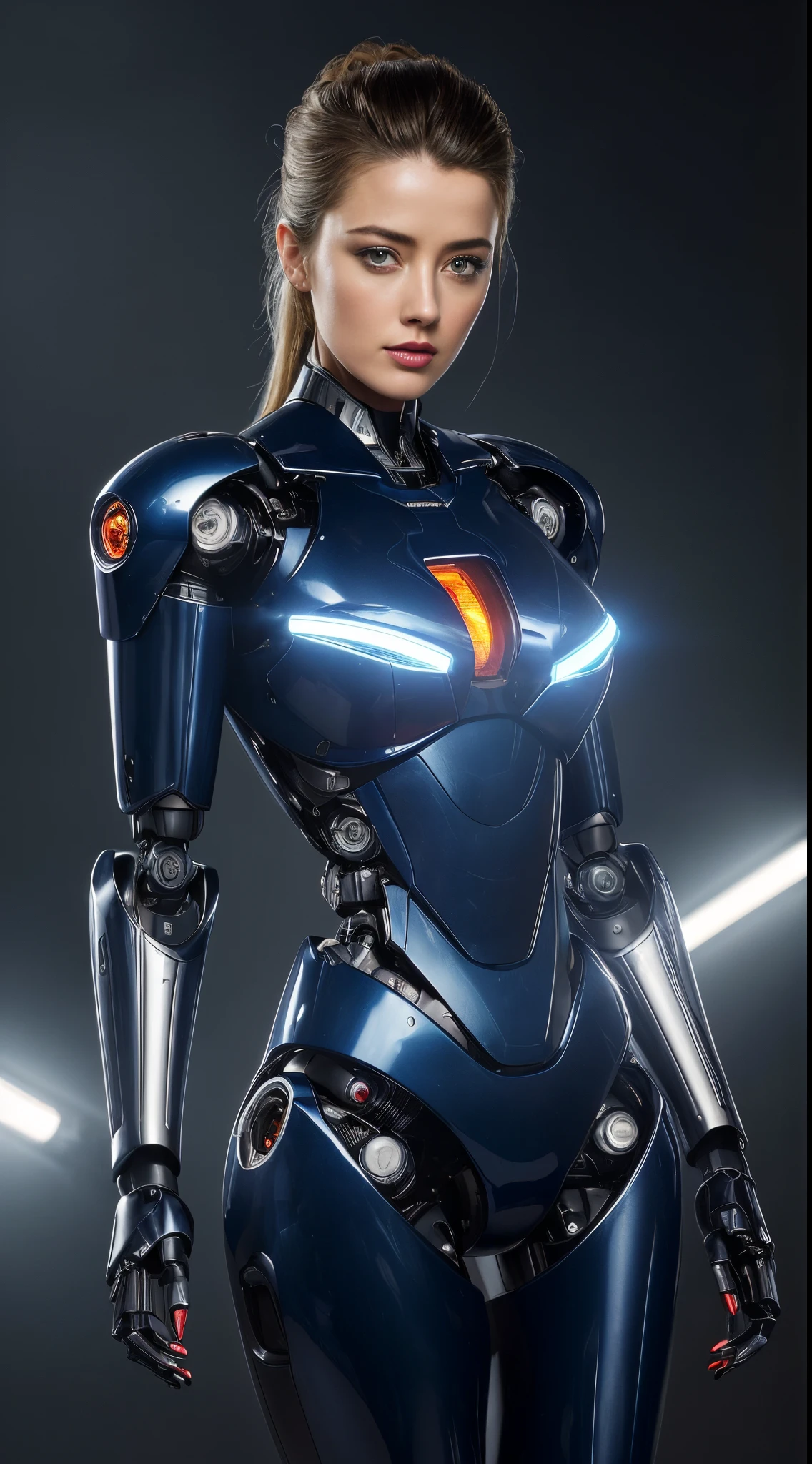 Looks like Amber Heard, (masutepiece, humanoide robot:1.3), (Captivating depiction of a robot in the form of a human adult woman:1.2), Curvaceous(Meticulously crafted to showcase the fusion of technology and aesthetics:1.2), Titanium frame in dark blue metallic color, including face covers the whole body、 (Human-like head with a perfectly symmetrical face:1.1), (Imitation of Space Cobra's Armaloid Lady), (A spotlight that highlights the complexity of its machines and the beauty of their design:1.1), (A sense of wonder and innovation represented by the creation of robots:1.1), (Images that inspire reflection on the future of human-machine interaction:1.1), (Precision meets aesthetics、 ultra-detailliert, Insane details, Feminine curvaceous beauty、degrees of freedom, Hyper-Resolution, Megapixel, cinematic lightening, insanely detailed and intricat, Hyper maximalist, Hyper realistic, Realistic,