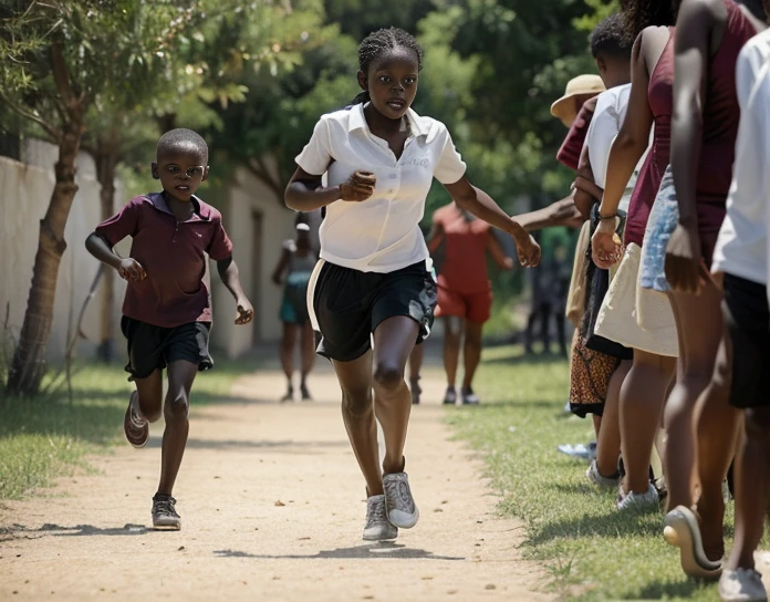 Draw a  of 5 yearsunning with a bottle of awine ( written geness) holding on his hand while his mother is on back to catch him when he is running. Both mother and child must be a black African, on public area surrounded behinds by the people looking them wondering them.