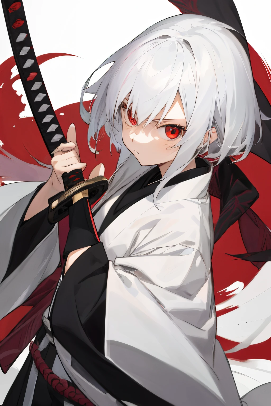 a white haired anime girl holding a katana with black lines going along it, 1girl, red eyes, solo, weapon, katana, holding, white hair, looking at viewer, holding weapon, holding katana