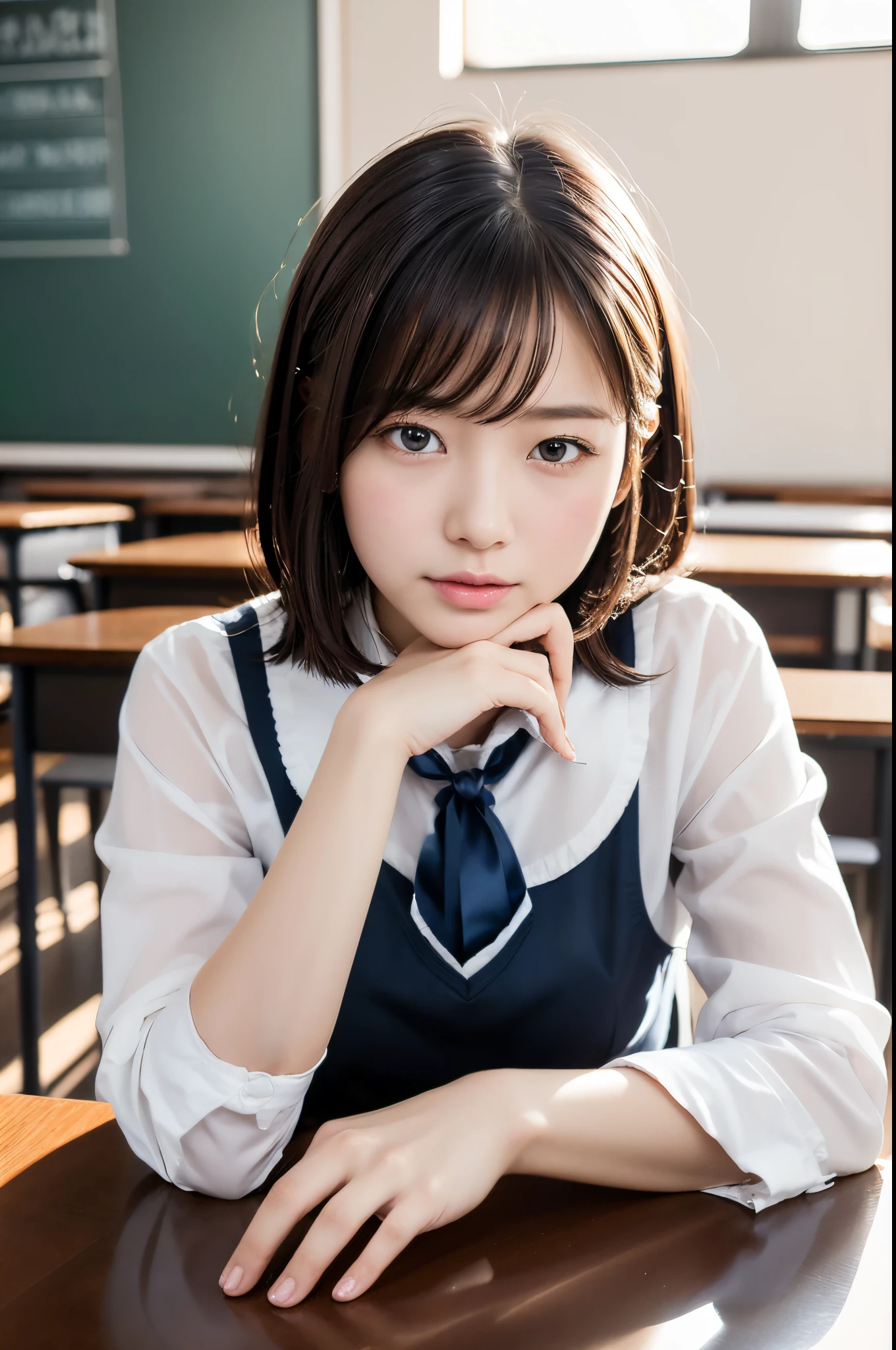 highest quality、Photoreal、8k、High resolution、1 girl、woman、(skin dents)、(school uniform)、Gorgeous、((classroom))、((huge tit、dark blue pleated skirt))、look straight at the viewer:1.8、(1 Girl's eyes staring at the viewer、medium length hair、brown haired、parted bangs:1.65)、Photoreal、(Bokeh)、(thighs thighs thighs)、((sit barefoot on a chair))