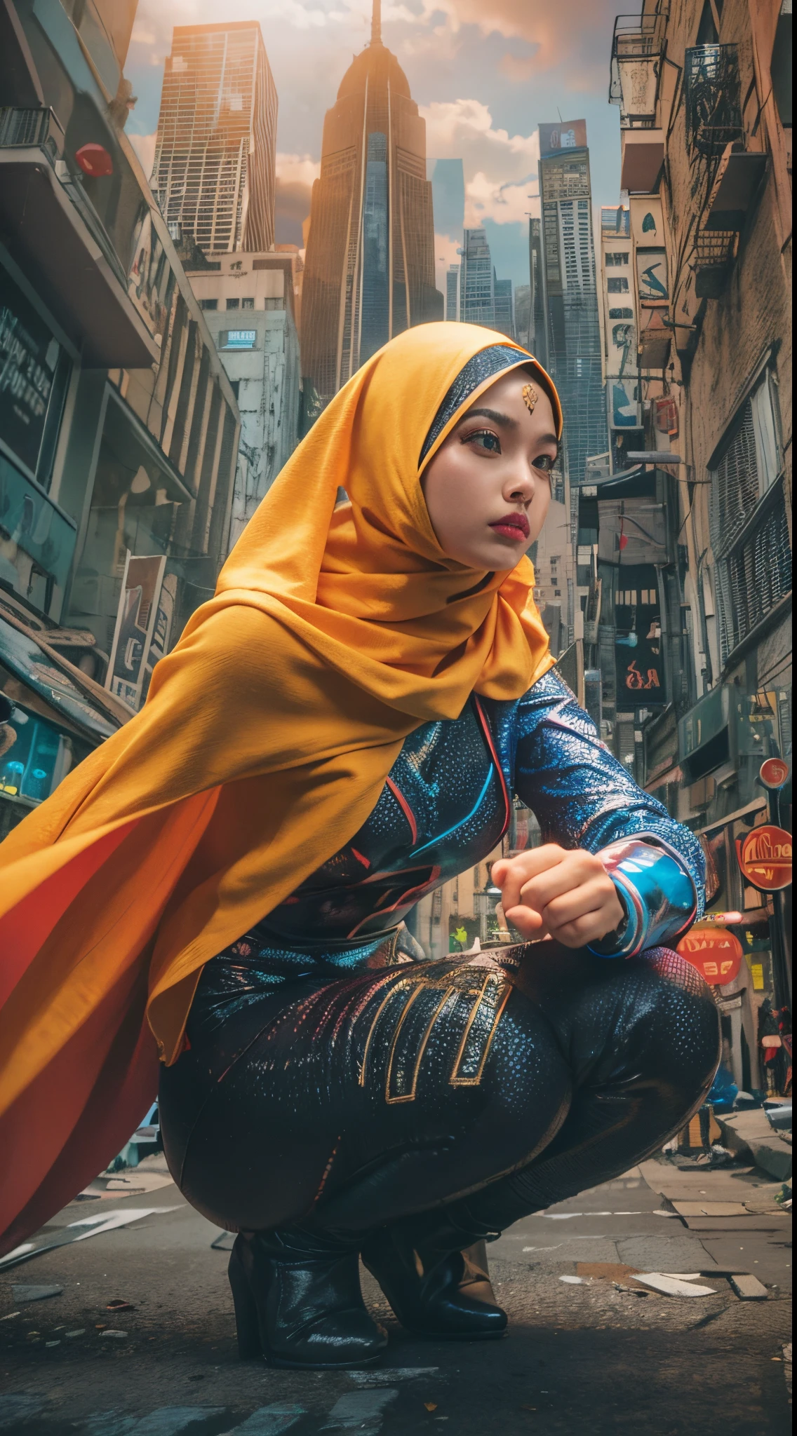 Create a dynamic and action-packed photomanipulation reminiscent of Marvel superhero movies. Feature the Malay girl in hijab showcasing her unique superpowers in a cityscape, surrounded by vivid colors and high-energy effects