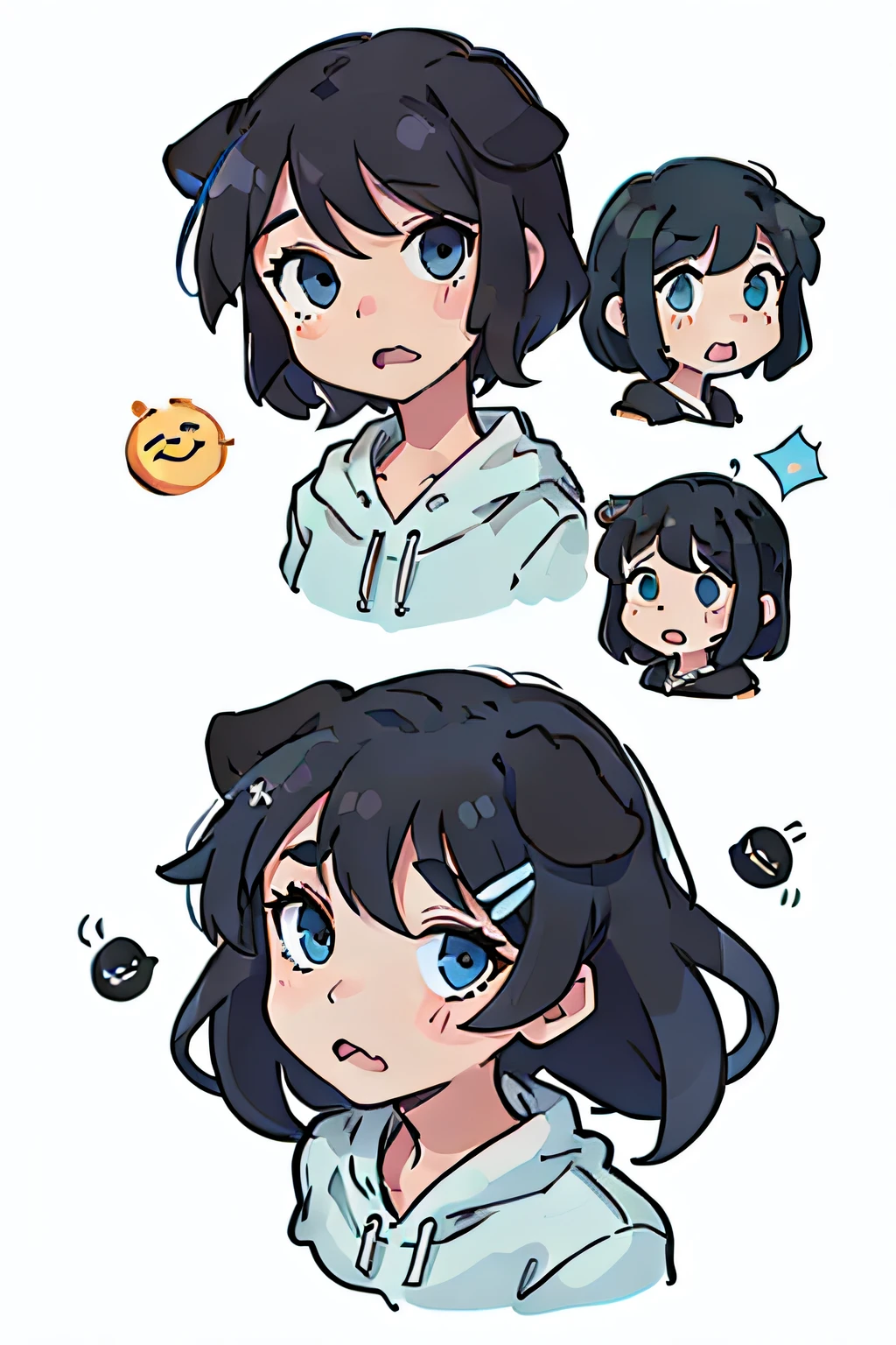 Cute puppy,black color hair,Black dog ears,Light blue eyes,Various expressions,Be proud,proud,Keep one's mouth shut,laughingly,big laughter,expression,adorable eyes,White BE, illustration-nii 5-style cute, emoji as illustration set, with boold manga line style,
dynamic pose dark white,,f/64 groups,related characters,Old
Meme Kernel