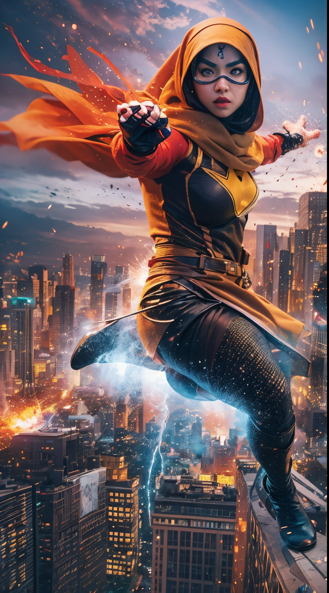 Create a dynamic and action-packed photomanipulation reminiscent of Marvel superhero movies. Feature the Malay girl in hijab showcasing her unique superpowers in a cityscape, surrounded by vivid colors and high-energy effects