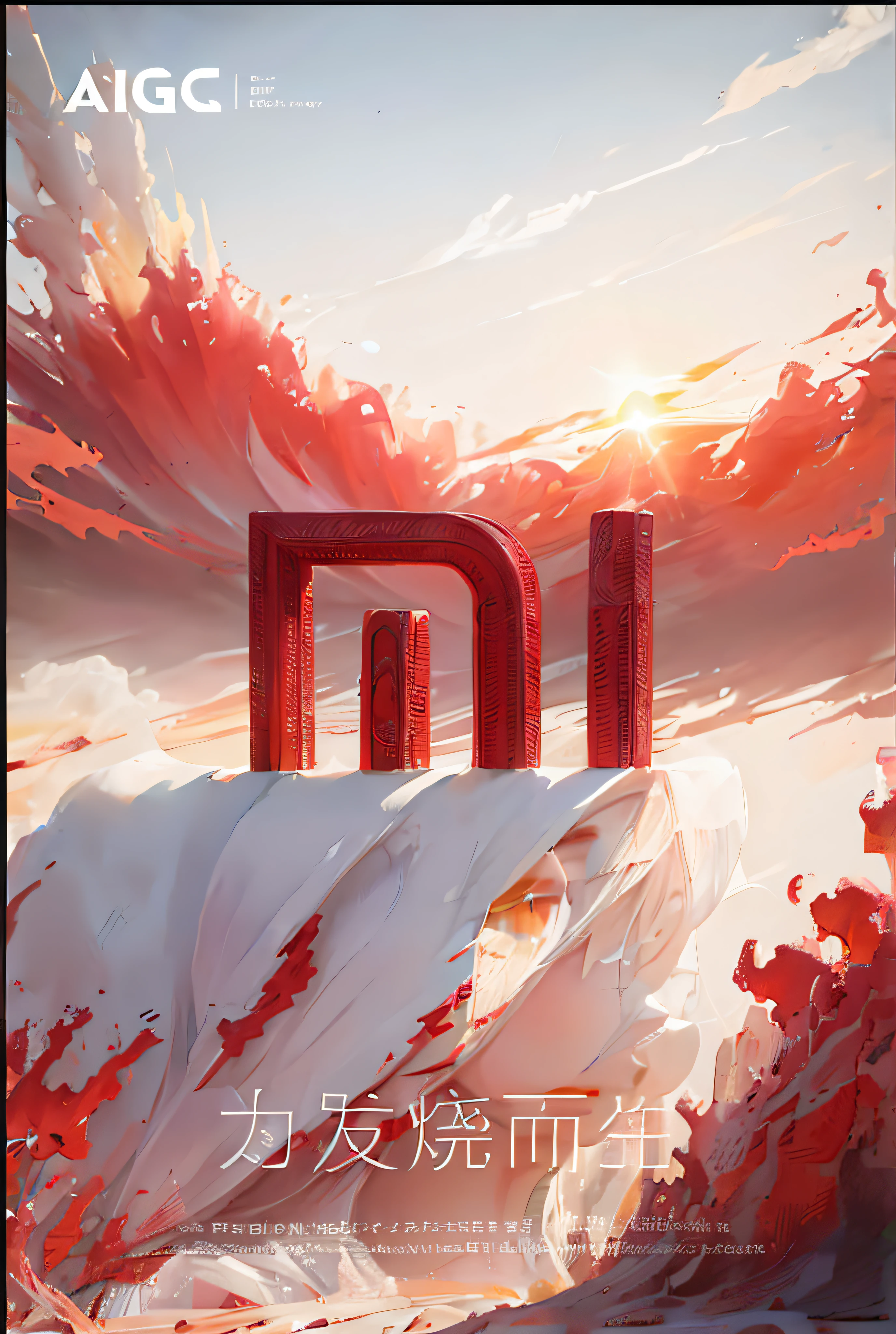Above is the blazing sun,Below are red waves forming a symmetrical pattern up and down.,Xiaomi icon in the middle