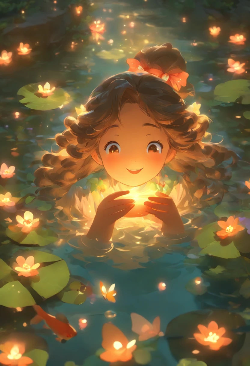 Anime girl holding a fish in a pond with flowers and butterflies, with curly brown hair，long whitr hair，the night，ln the forest，Fireflies floating in the air，happy laughing，is shy，Cute and detailed digital art, 8K,