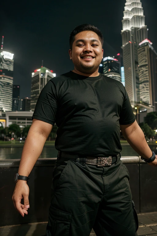 A Malay chubby men wearing black plain short sleeve tshirt with olive green cargo long pant showing excited to camera, standing at klcc background , wearing g shock mudmaster watch, vibrant mood color
