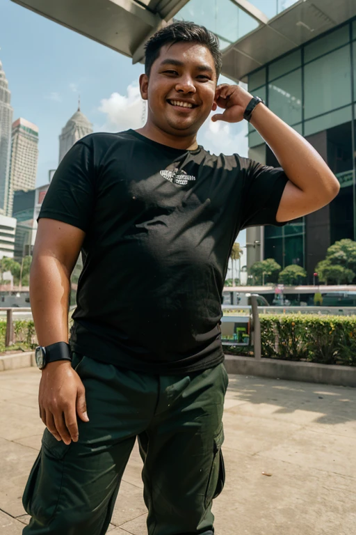 A Malay chubby men wearing black plain short sleeve tshirt with olive green cargo long pant showing excited to camera, standing at klcc background , wearing g shock mudmaster watch, vibrant mood color