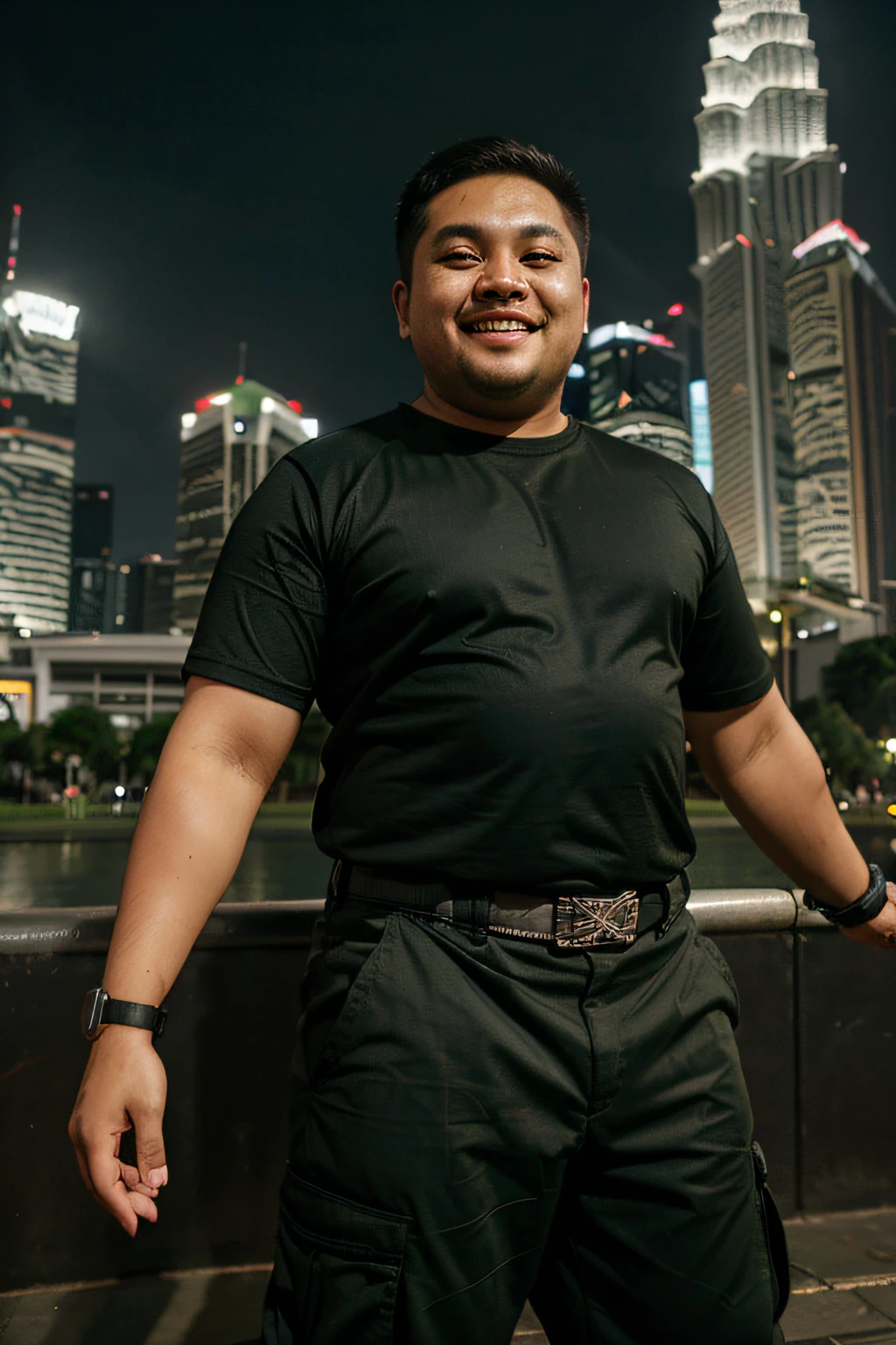 A Malay chubby men wearing black plain short sleeve tshirt with olive green cargo long pant showing excited to camera, standing at klcc background , wearing g shock mudmaster watch, vibrant mood color