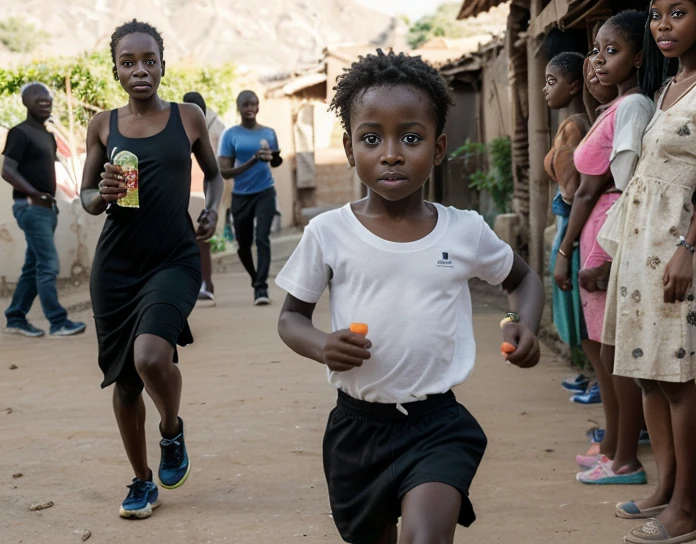 Draw a child of 2 years old is running holding a bottle of awine ( written geness) on his hand, at the back his mother is coming quicly to catch him closely when he is running. Both mother and child must be a black African, with realistick face and skins, real materials, and on public area surrounded behinds by the people looking them wondering them.