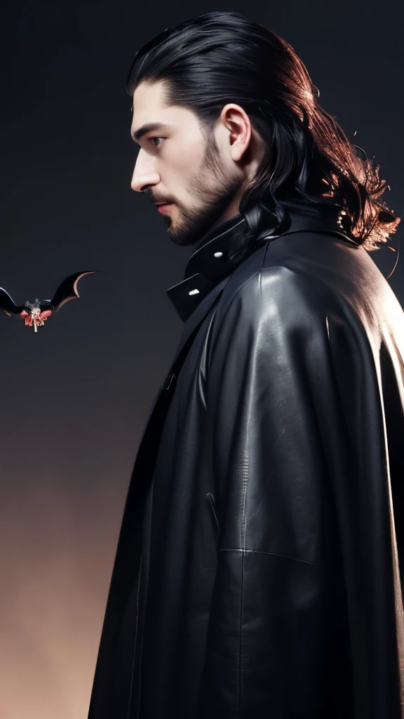 a cartoon of a man dressed as a vampire with bats in the background, digital marketing, arsen lupin as a paladin, clipart, skintight leather clothes, jett from valorant, royal cape, full profile, future clothing, mustache and soul patch, jon snow, werecrow