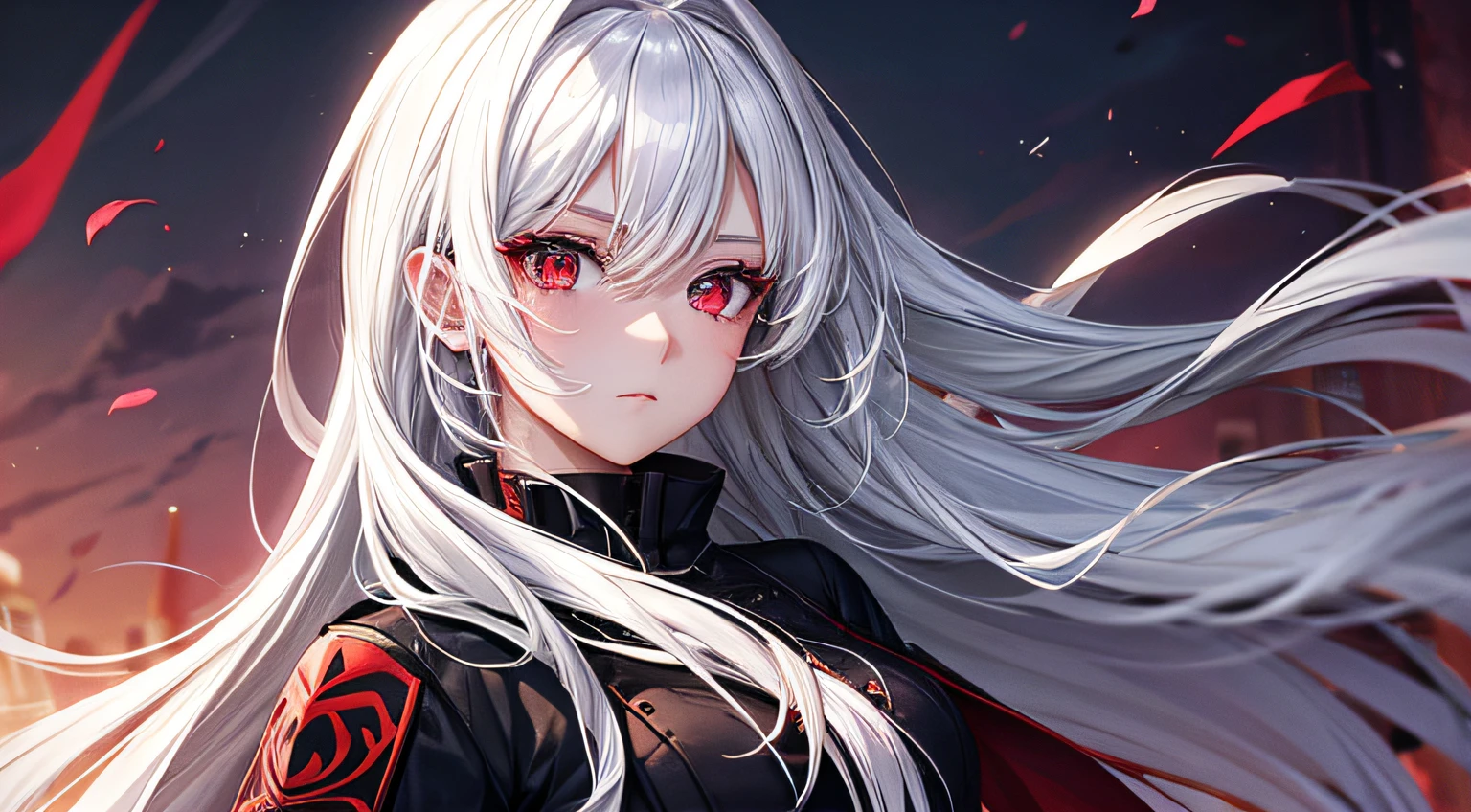 beautiful anime girl with white hair and red eyes