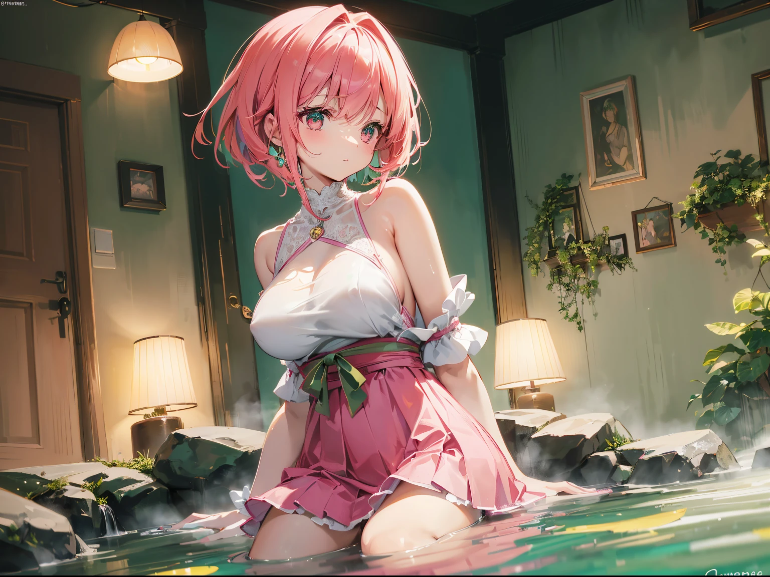 Ultra high quality,4K,extremy detailed,((an Quority))Sitting by the hot springs(Pink big breasts(Short shoulder-length hair))of maidens,Pink eyes,((((green color)))((green color,green color,green color))swim skirt,dressed in((Pink big breasts))'s((Harnes))tight top,Hot springs at night,(((dimly lit)))environment,(((Contre-Jour))),Warm tones of light,Homely atmosphere,Cinematic lighting